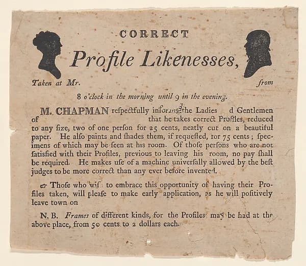 Advertisement for profile likenesses by Moses Chapman by Anonymous depicting Exodus 2