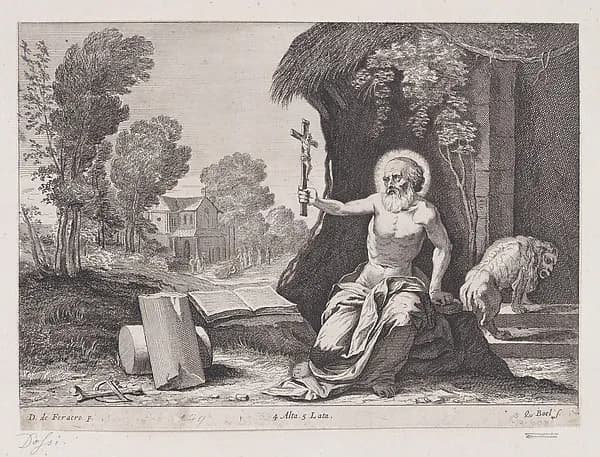 Saint Jerome holding a crucifix by Coryn Boel depicting Romans 8