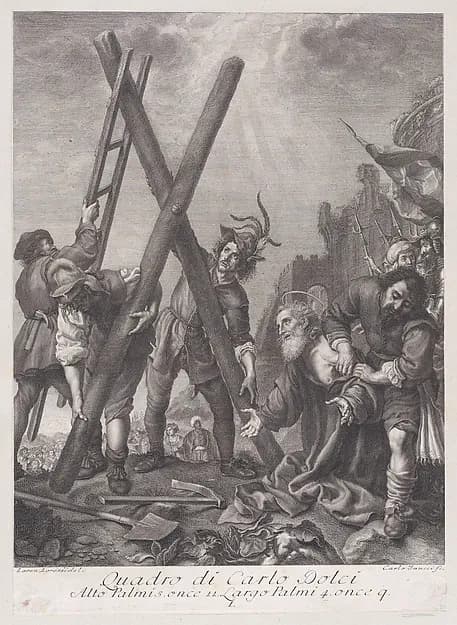 Saint Andrew kneeling and adoring the cross by Carlo Faucci depicting Matthew 4