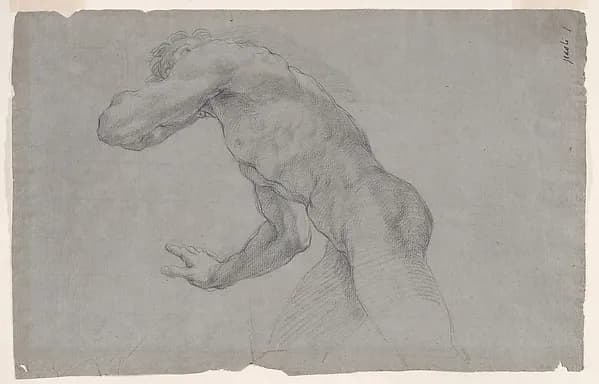 Double-sided Sheet of Figural Studies: (recto) Study of a Nude Man in an Action Pose Seen from the Side and in Three-quarter Length; (verso) Study of Christ in the Baptism, Standing in a Frontal View. by Giacomo Zoboli depicting John 1
