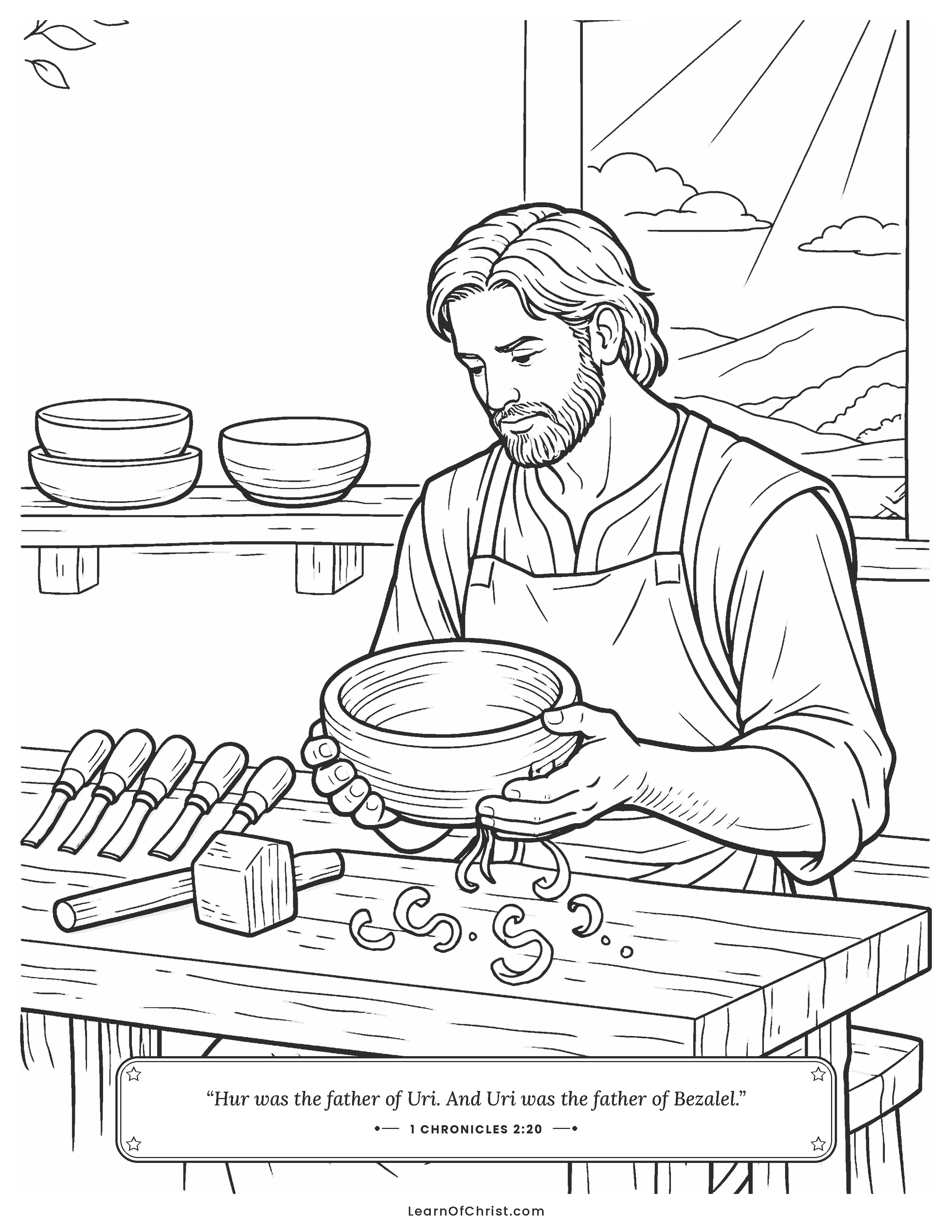 1 Chronicles 2 coloring page - Bezalel the craftsman at his bench