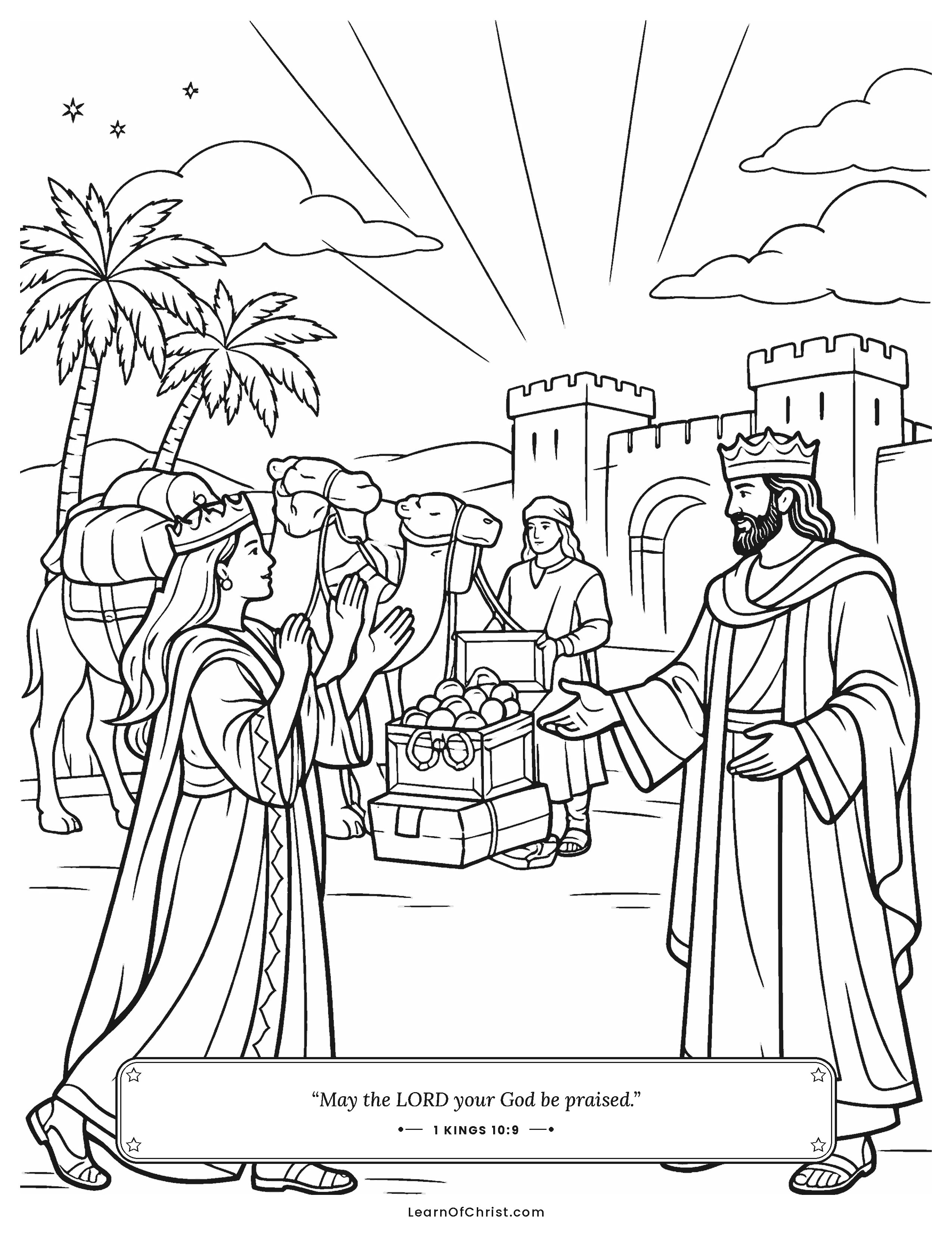 1 Kings 10 coloring page - The queen of Sheba brings gifts to Solomon