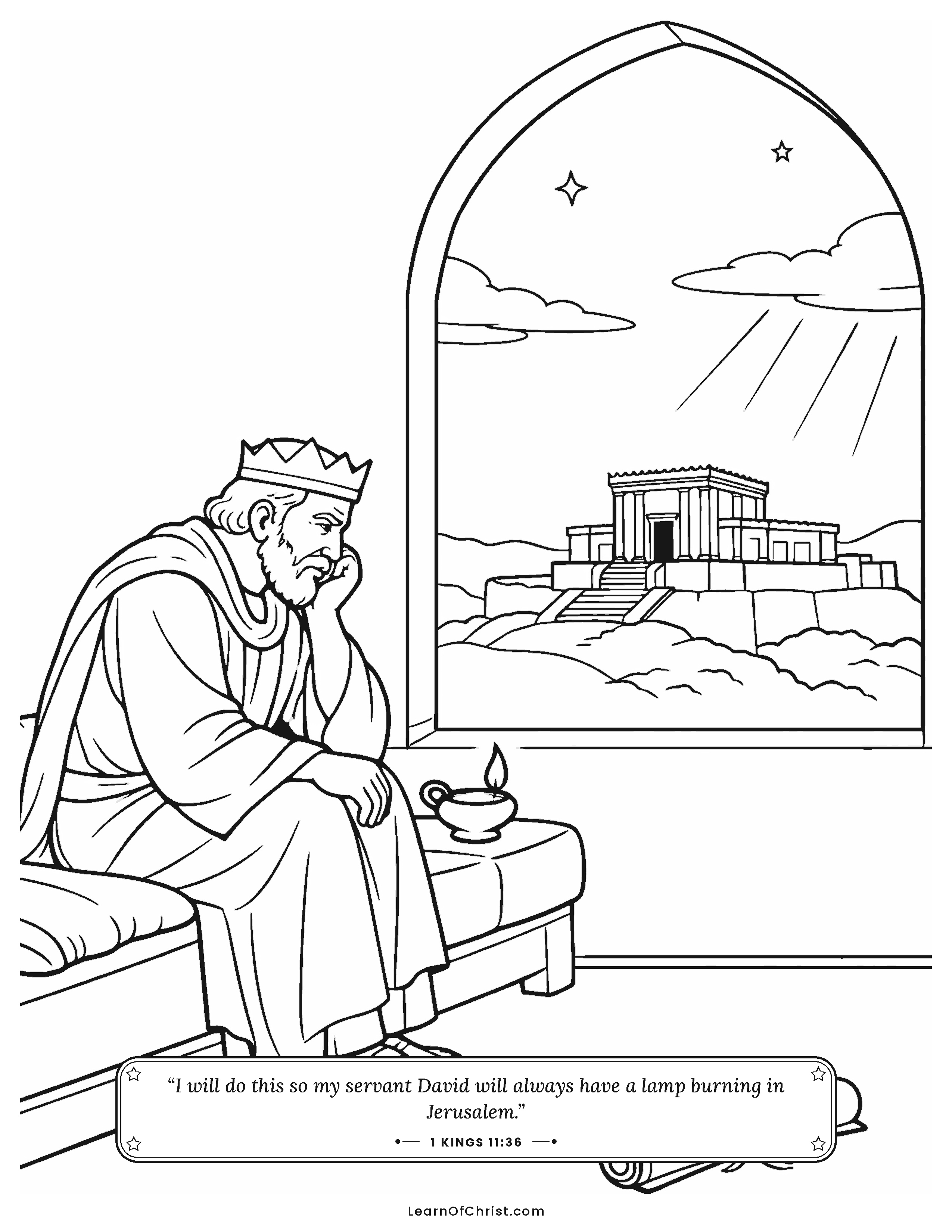 1 Kings 11 coloring page - An older king sits alone at evening