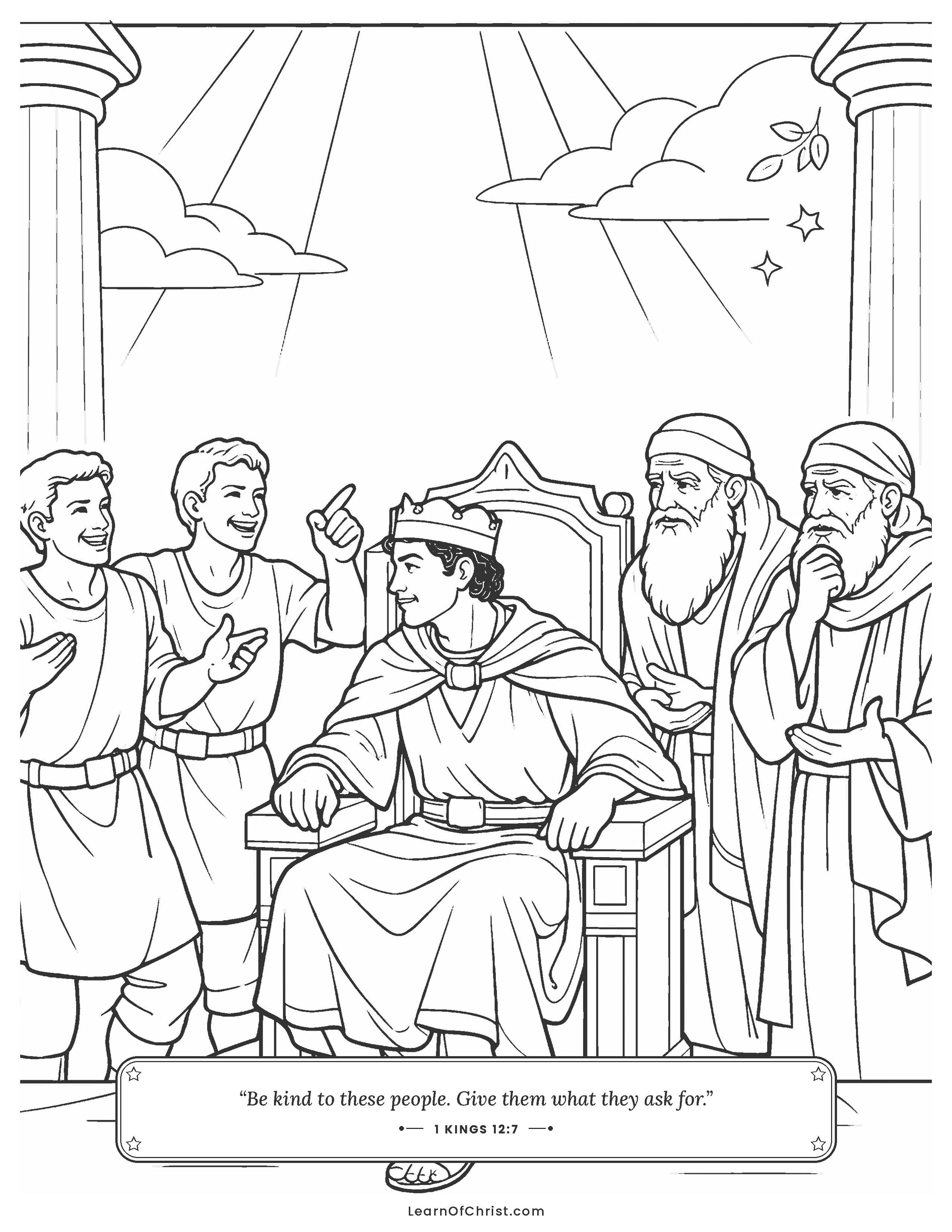1 Kings 12 coloring page - Rehoboam turns from the wise old advisors