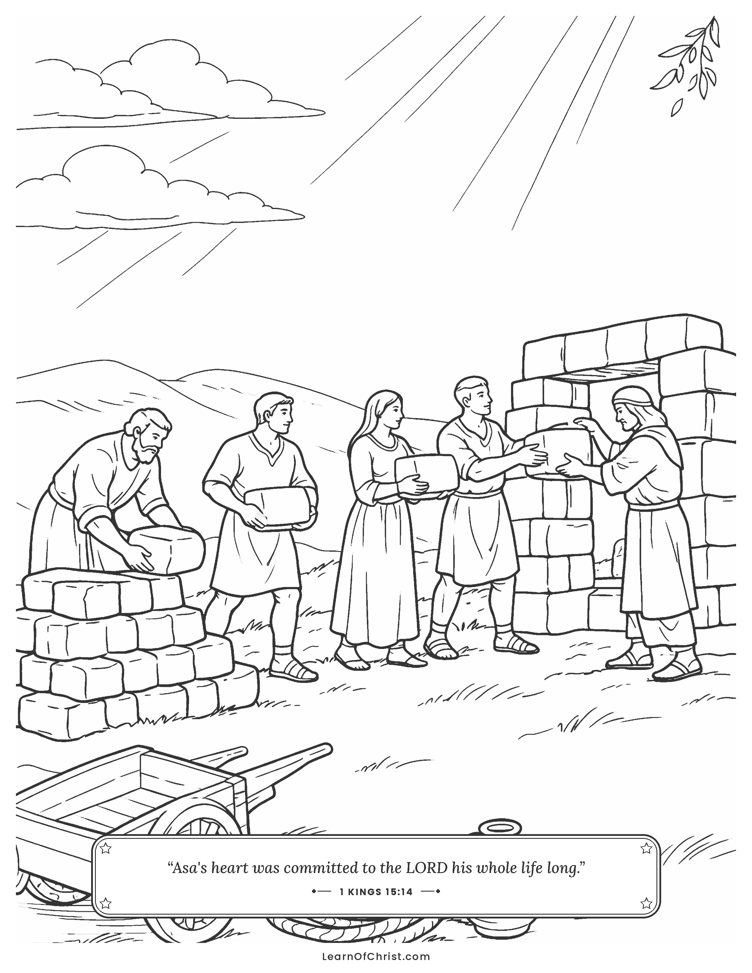 1 Kings 15 coloring page - Everyone carries stones to build two new towns