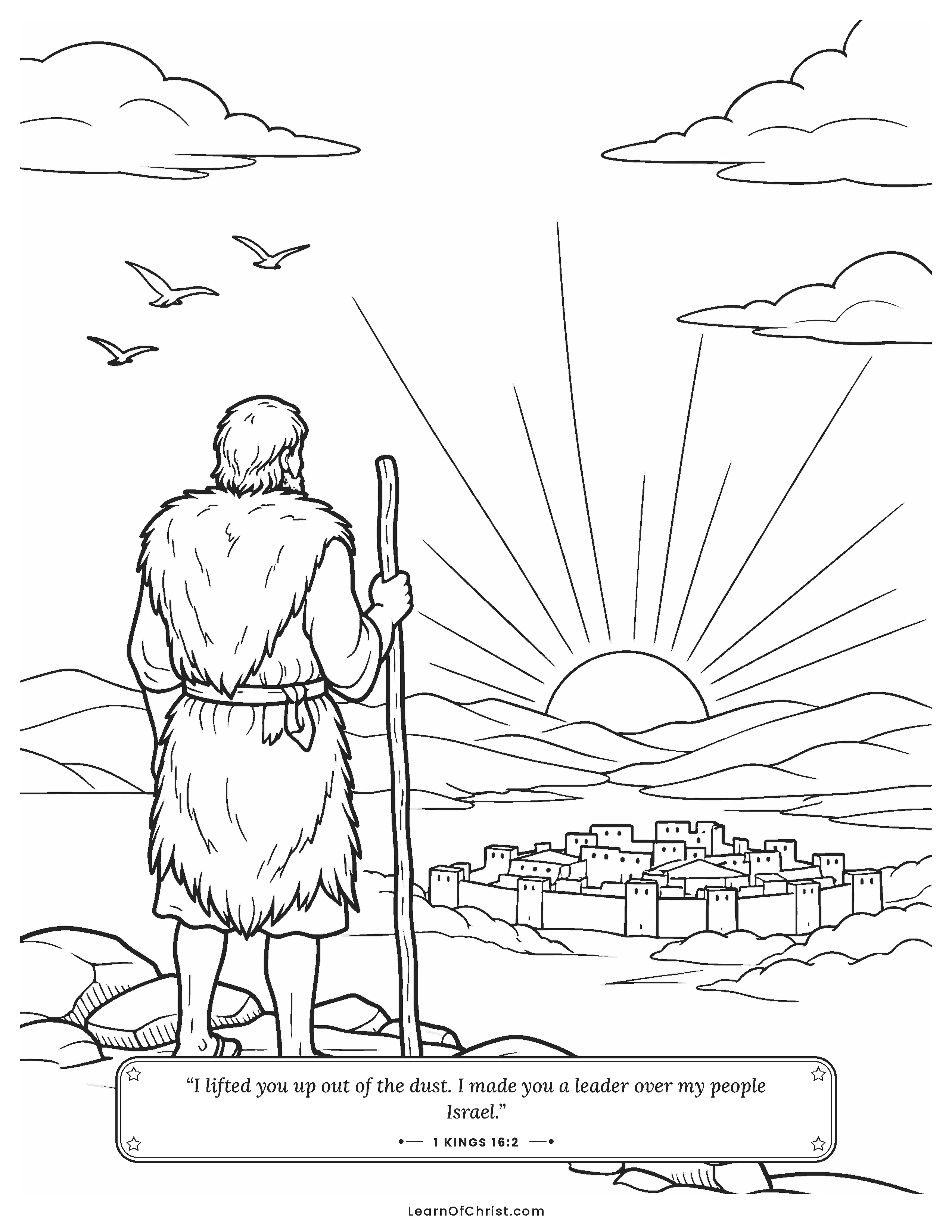 1 Kings 16 coloring page - A new prophet stands on the hill at dawn