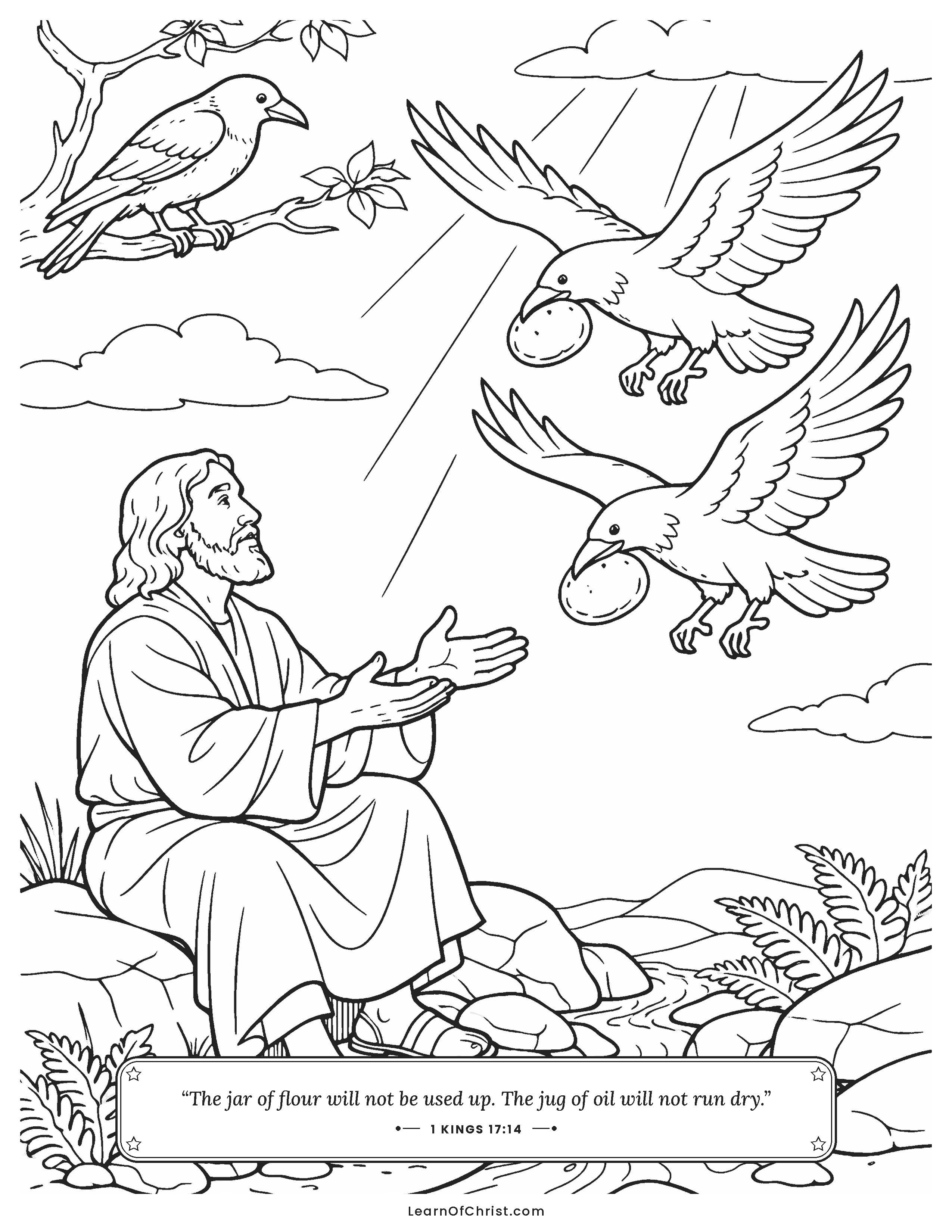 1 Kings 17 coloring page - Ravens bring bread to Elijah by the brook