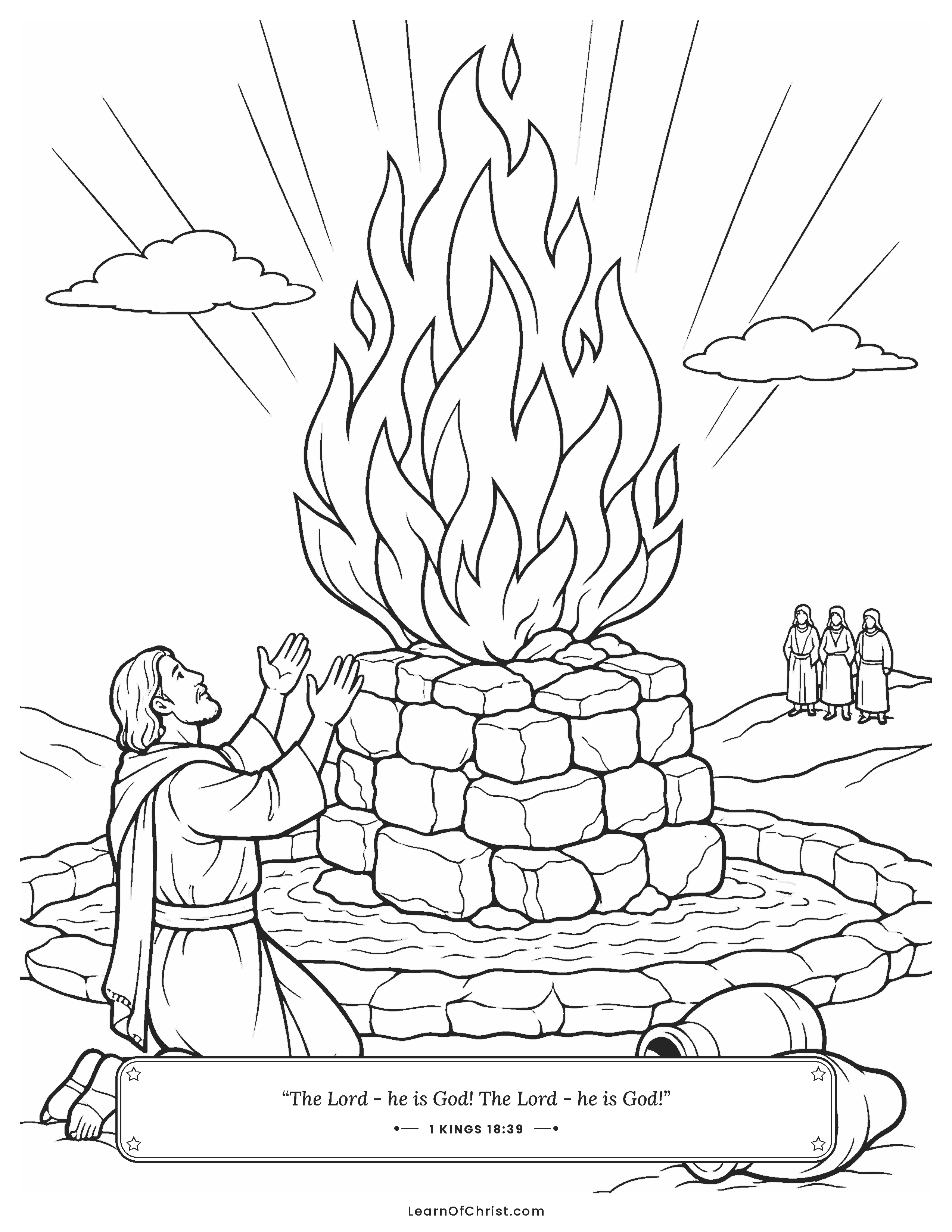 1 Kings 18 coloring page - Fire falls on Elijah's soaked altar