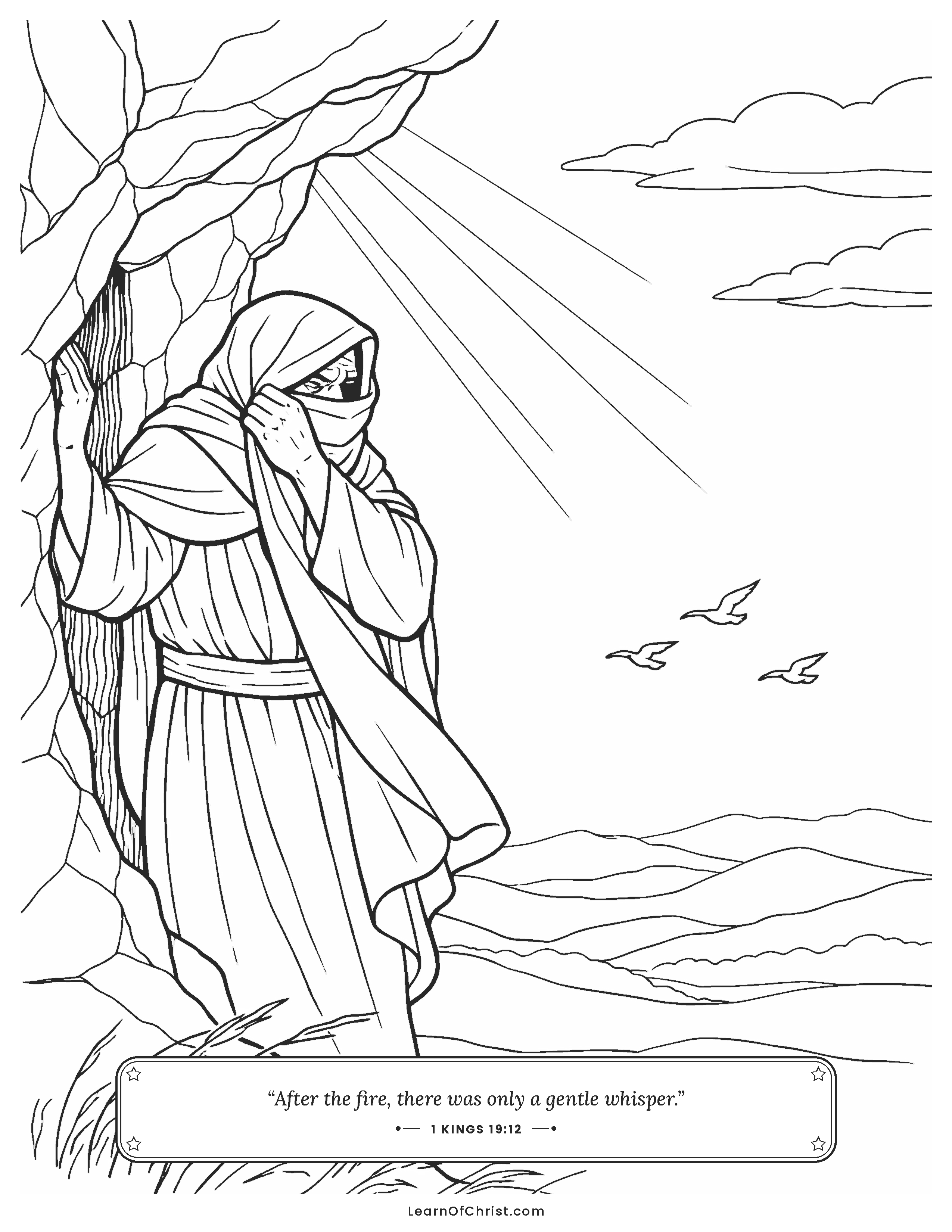 1 Kings 19 coloring page - Elijah hears a gentle whisper at the cave