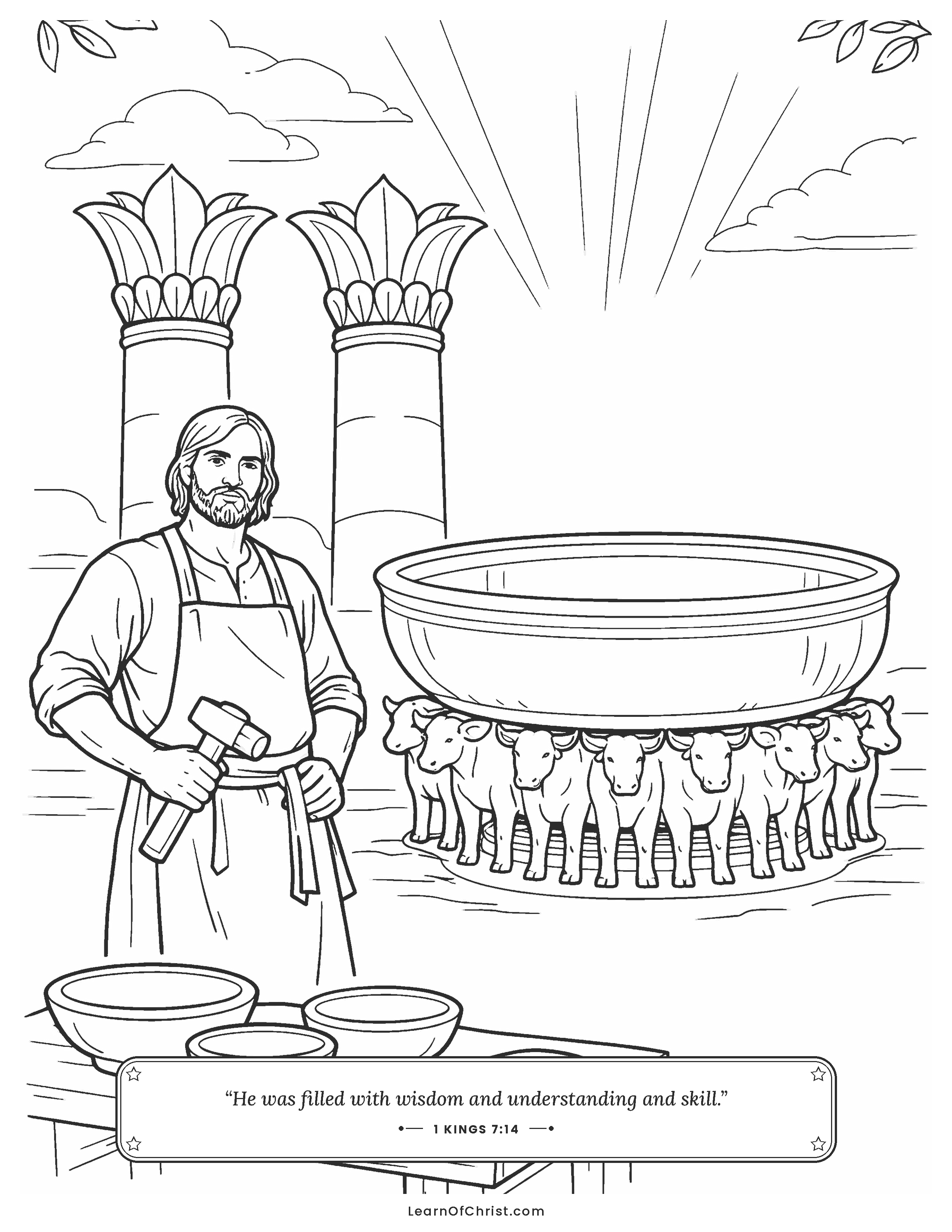 1 Kings 7 coloring page - Huram shapes the temple's bronze pillars