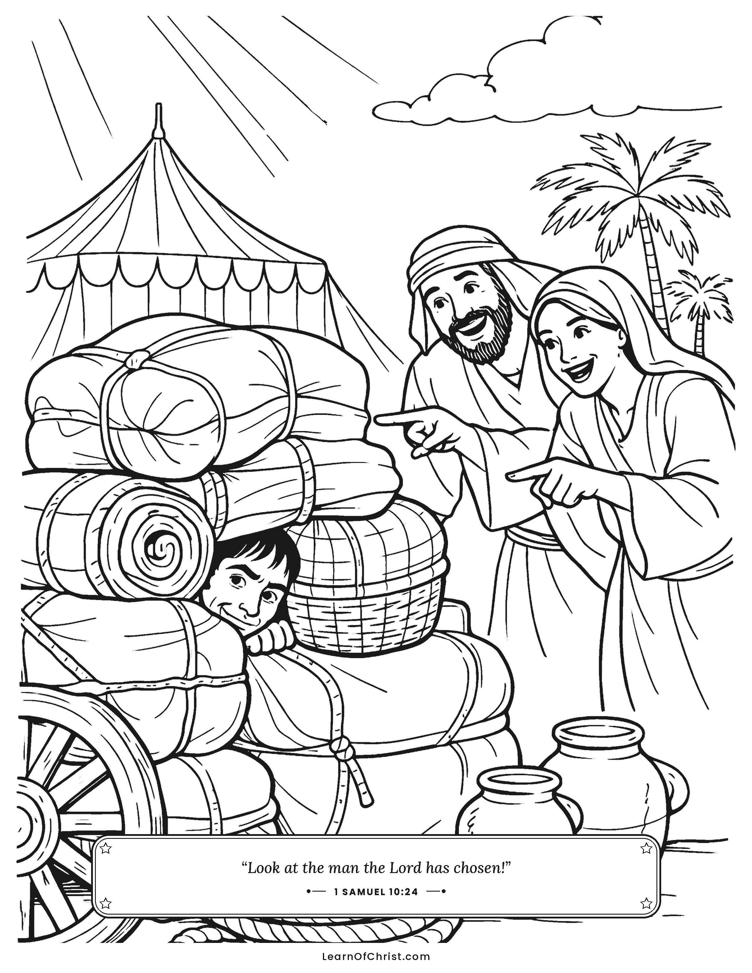 1 Samuel 10 coloring page - Saul hides among the bags and baggage