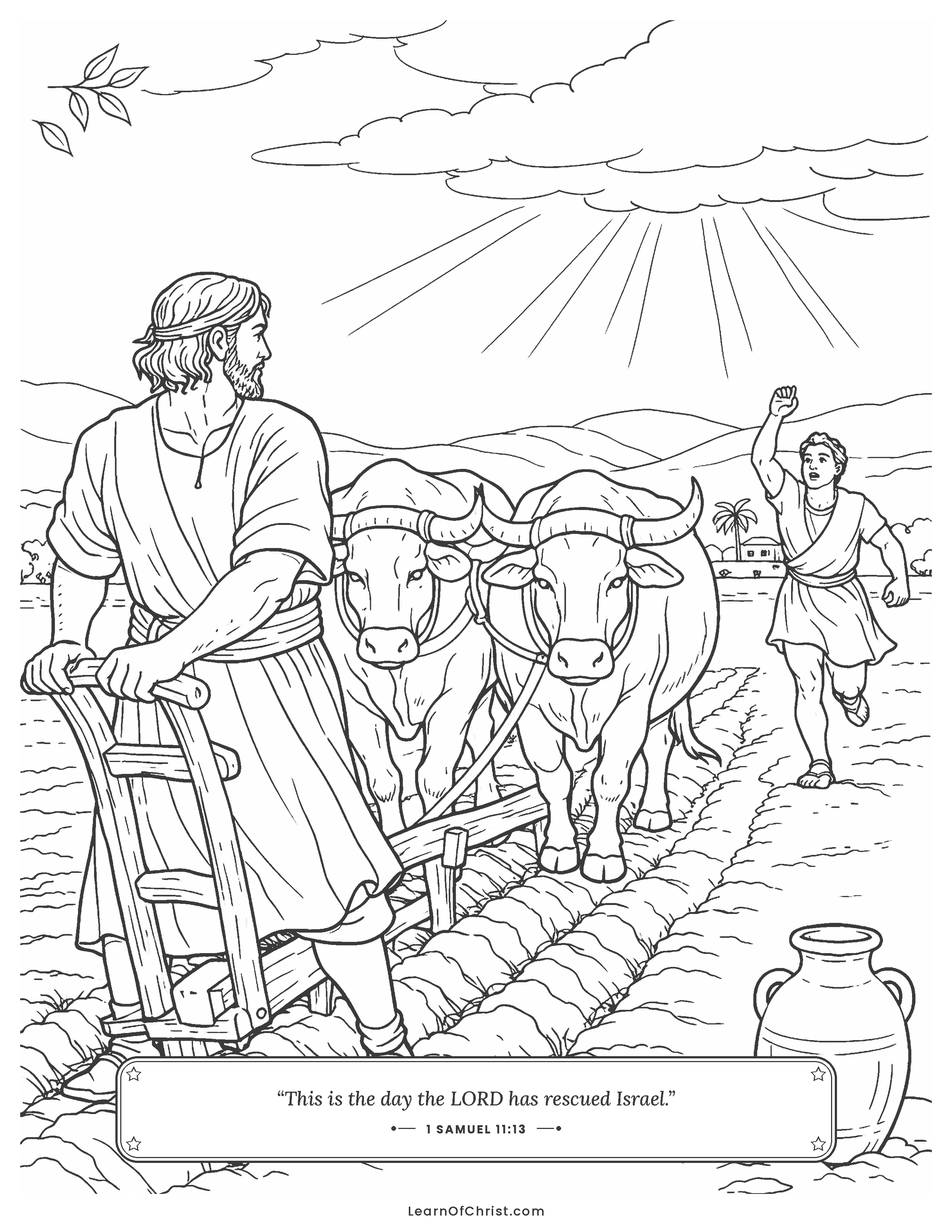 1 Samuel 11 coloring page - Saul leaves his oxen to help a town