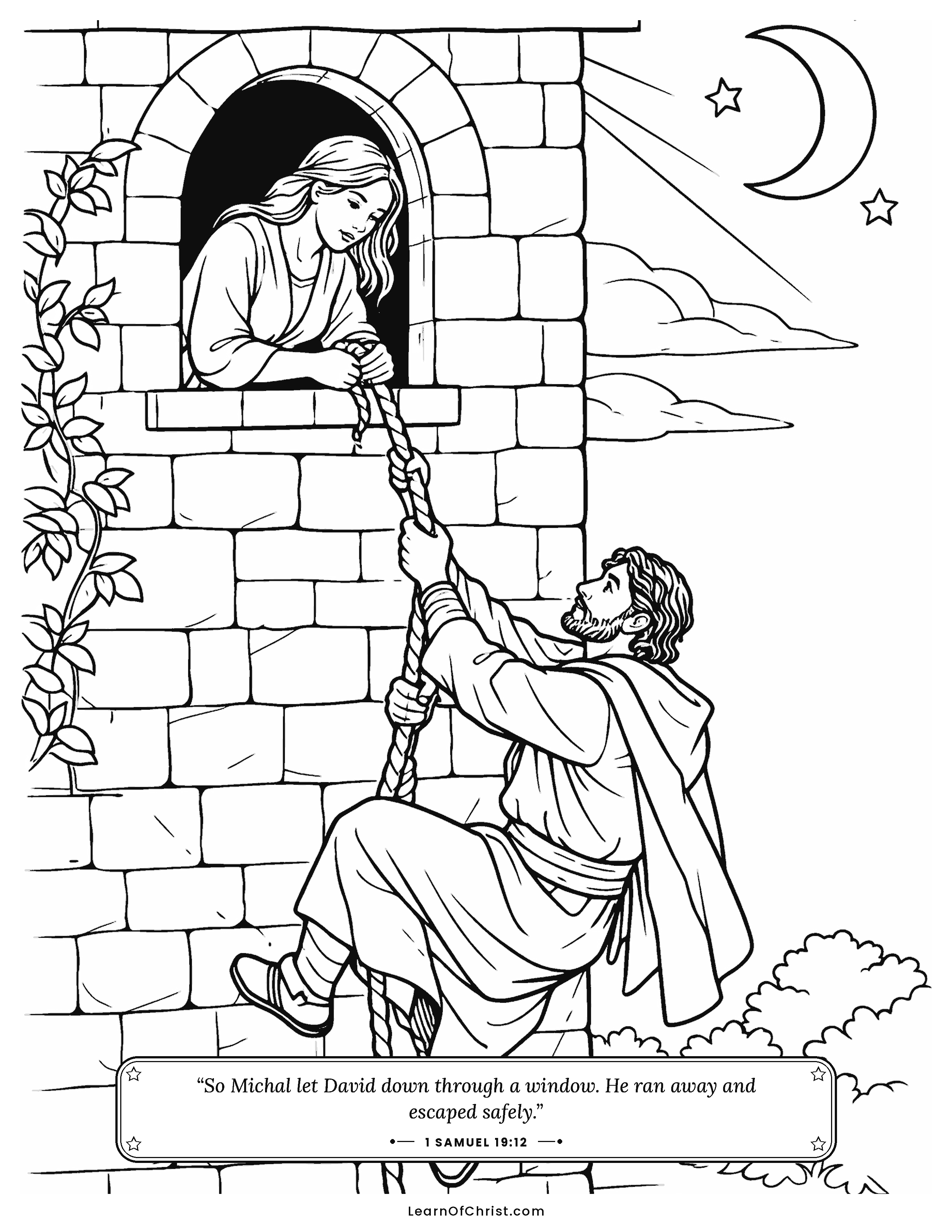 1 Samuel 19 coloring page - Michal helps David escape through a window