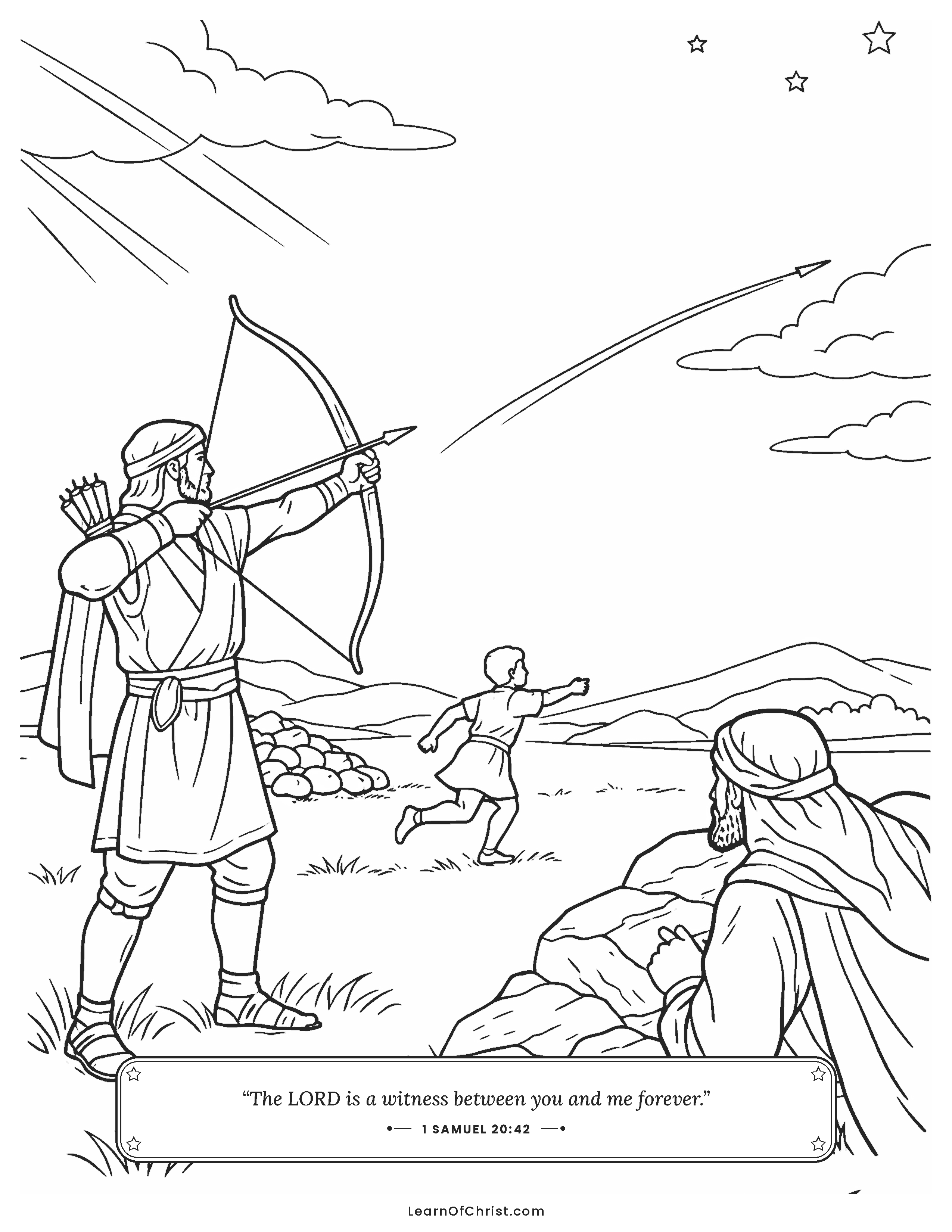 1 Samuel 20 coloring page - Jonathan shoots arrows as a secret signal