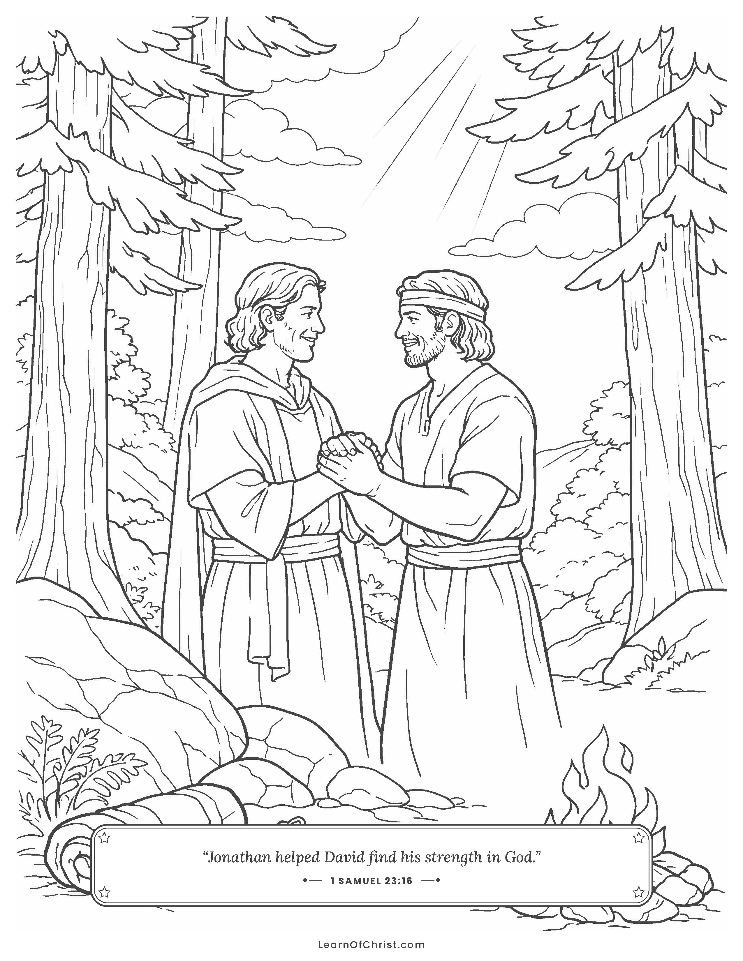 1 Samuel 23 coloring page - Jonathan finds David in the woods