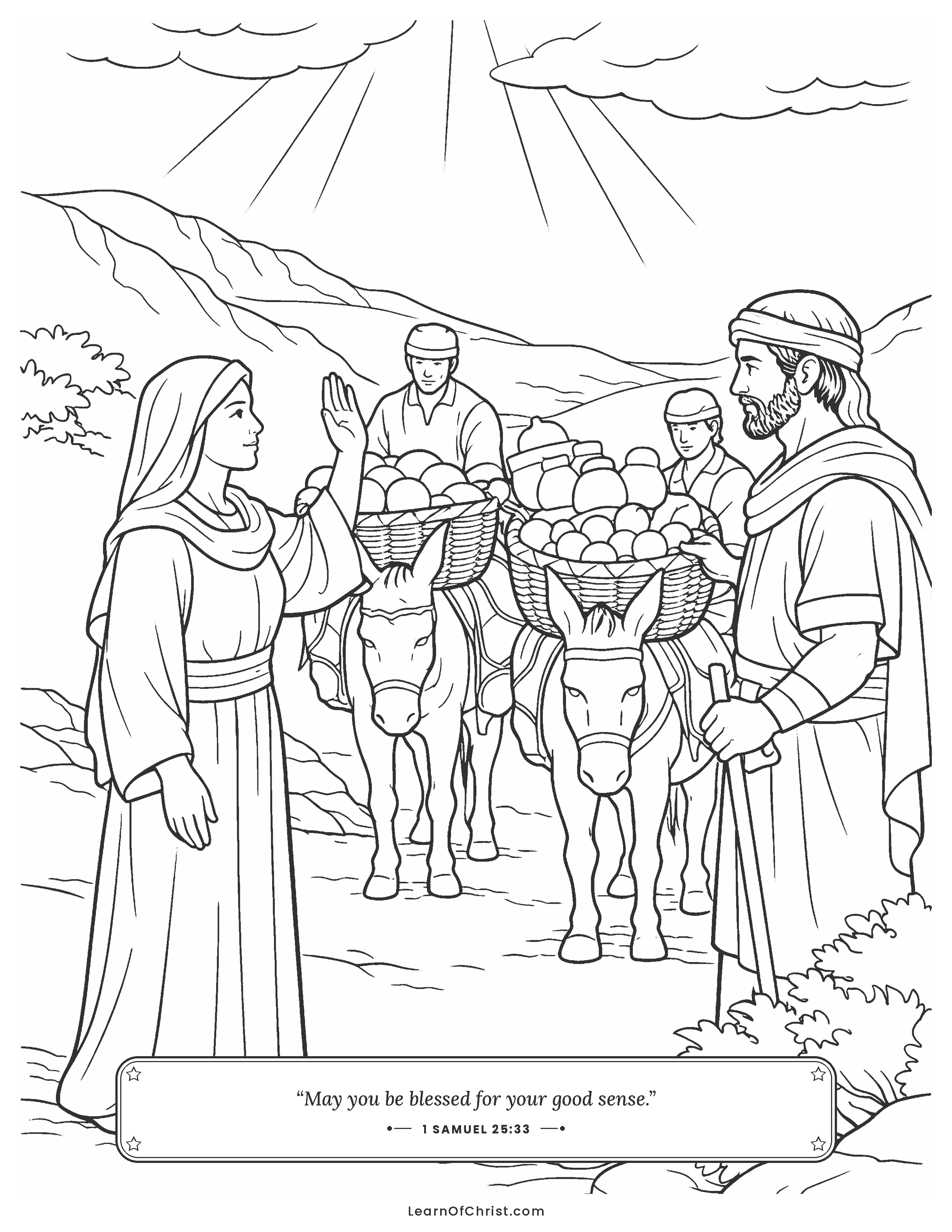 1 Samuel 25 coloring page - Abigail brings food to meet David