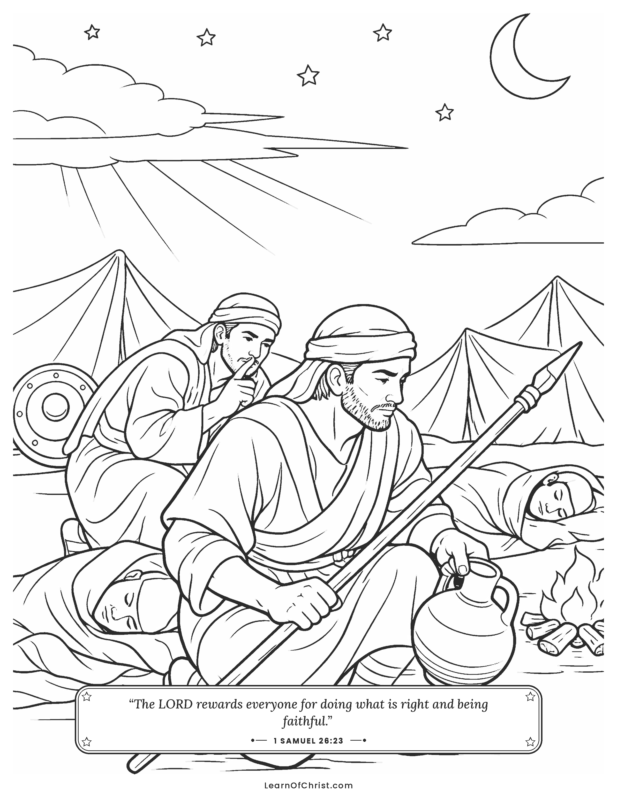 1 Samuel 26 coloring page - David takes the spear and water jug