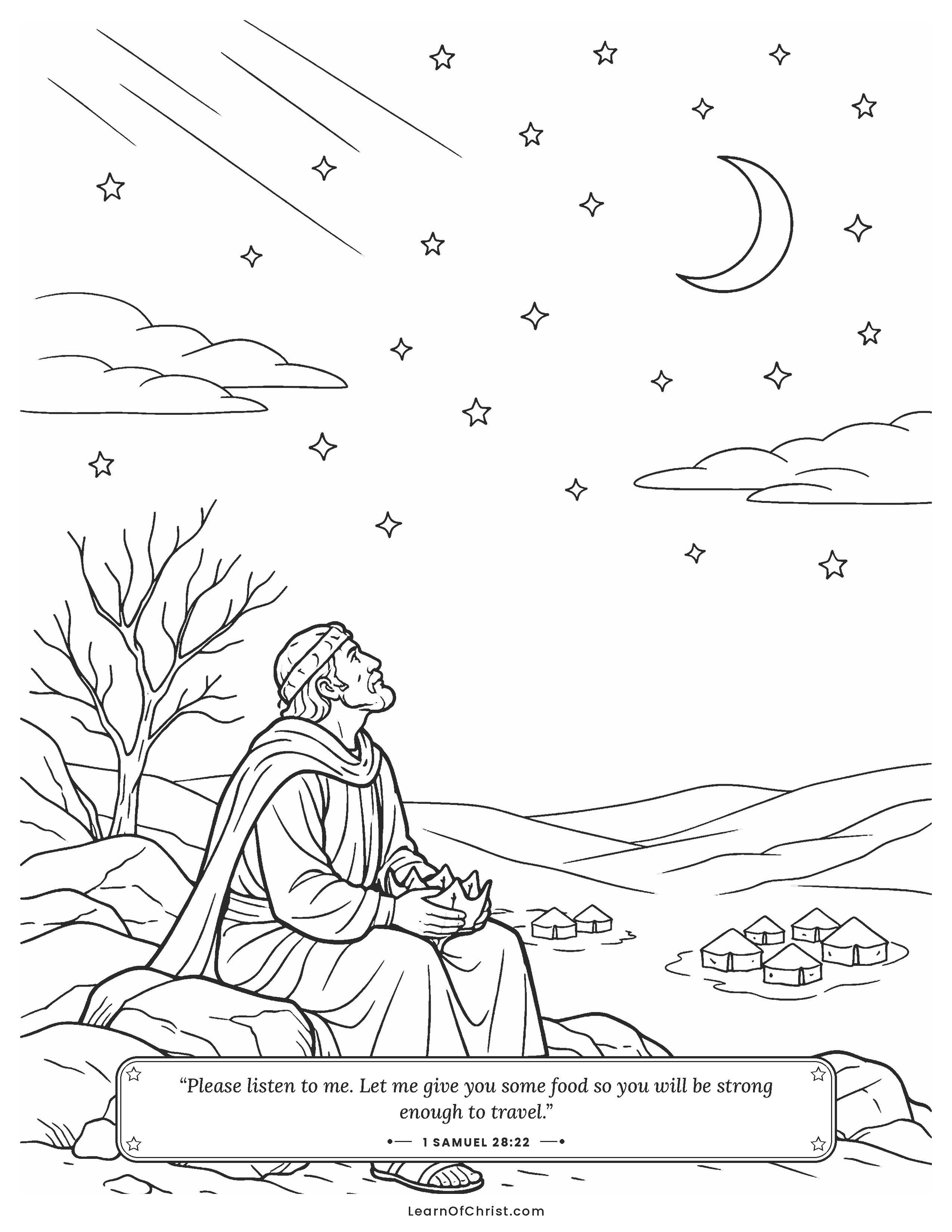 1 Samuel 28 coloring page - Saul feels alone on a dark night