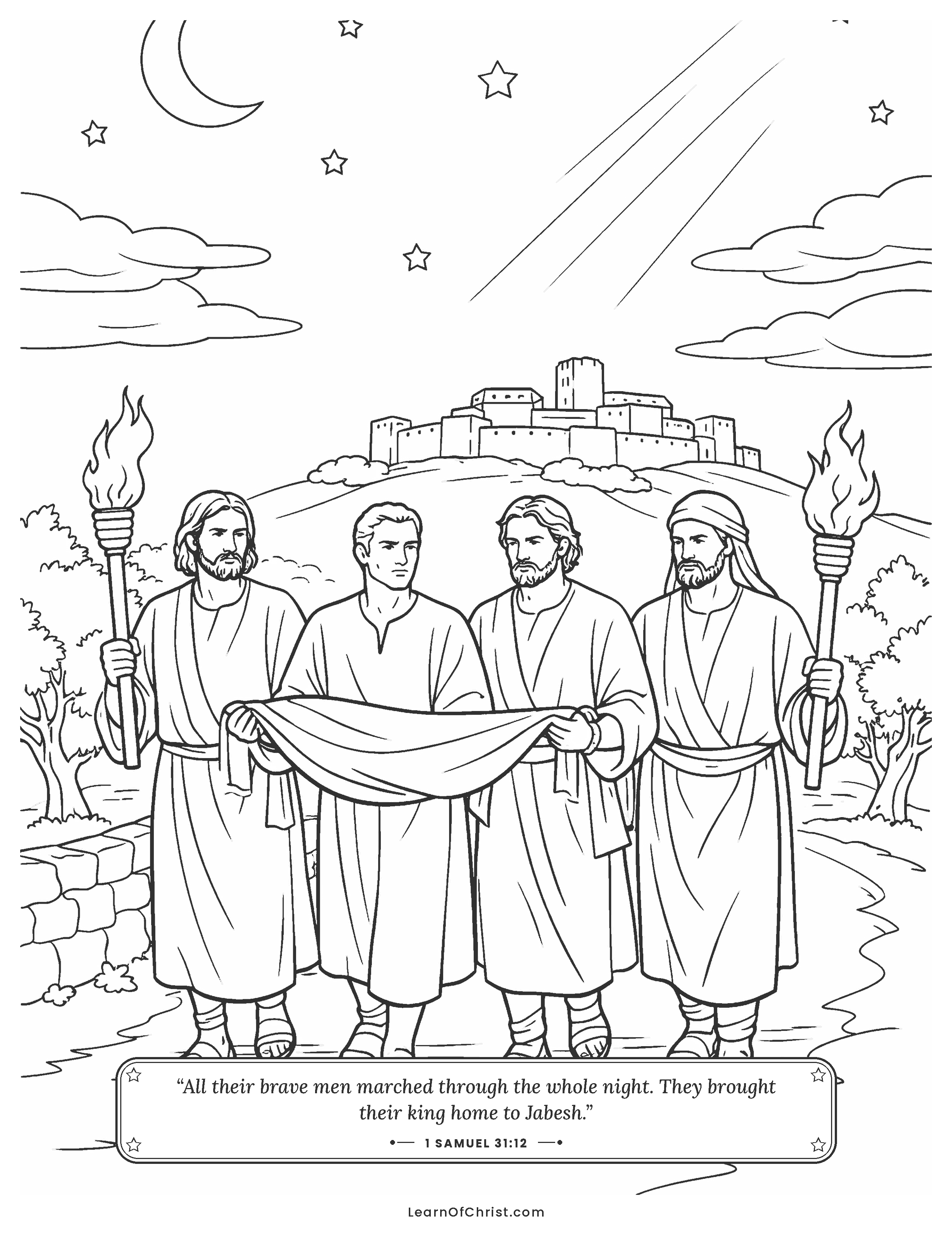 1 Samuel 31 coloring page - Brave men travel by night to honor a king
