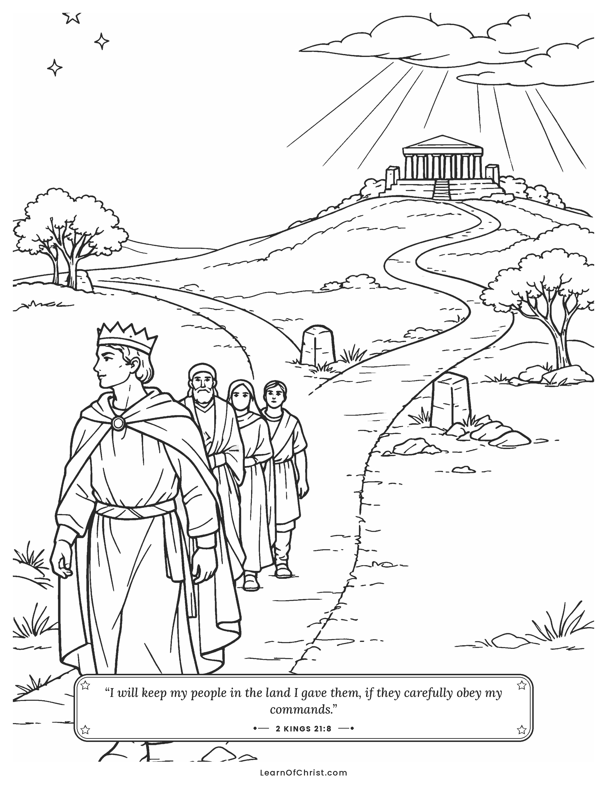 2 Kings 21 coloring page - A young king leads his people down a path
