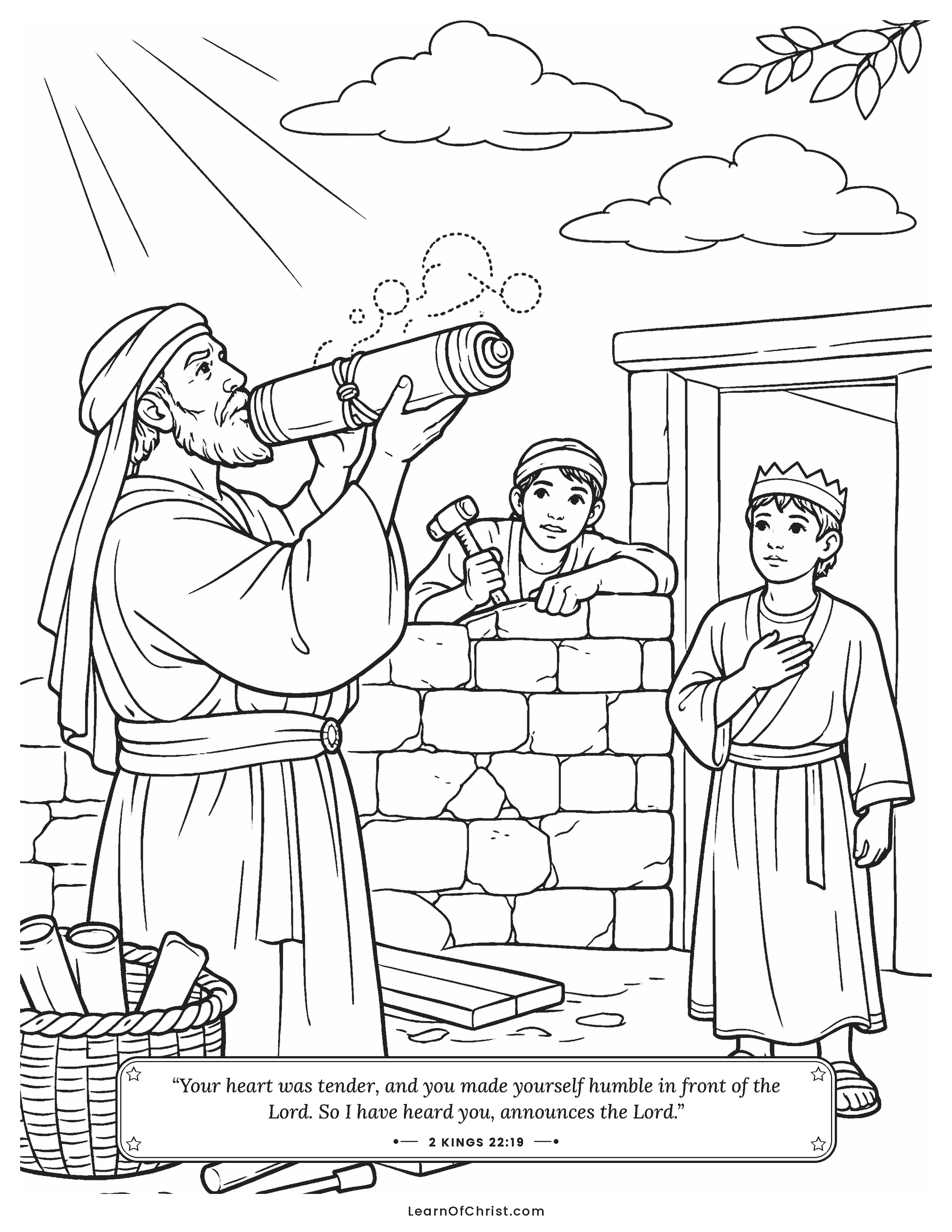 2 Kings 22 coloring page - A lost scroll is found in the temple