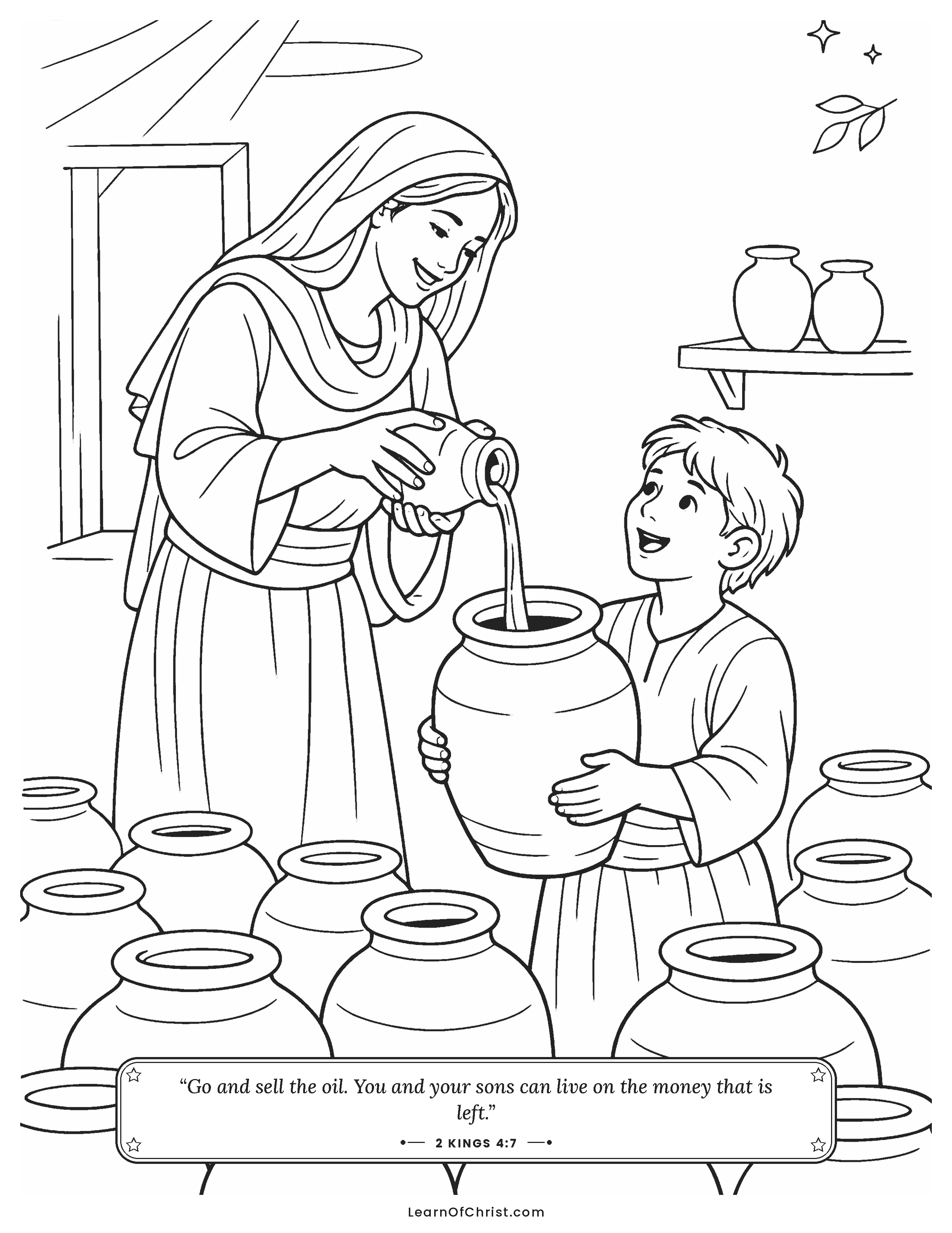 2 Kings 4 coloring page - One little jar of oil fills them all