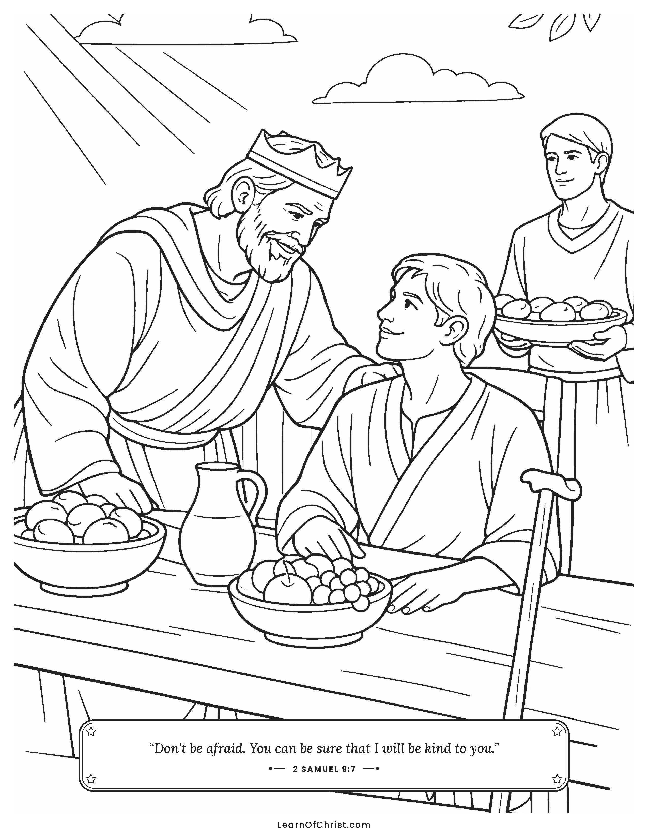 2 Samuel 9 coloring page - Mephibosheth welcomed at the king's table