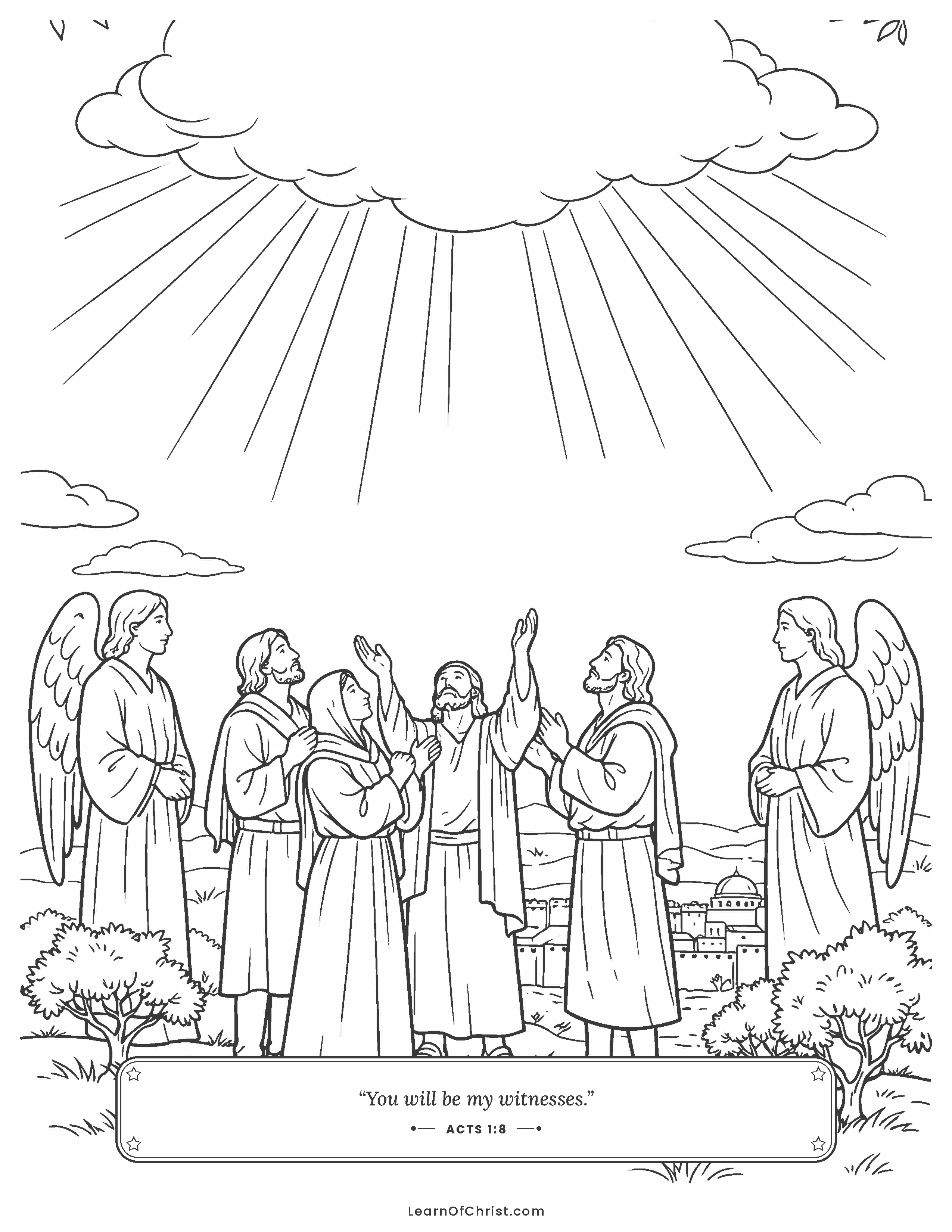Acts 1 coloring page - Friends watch Jesus go up to heaven