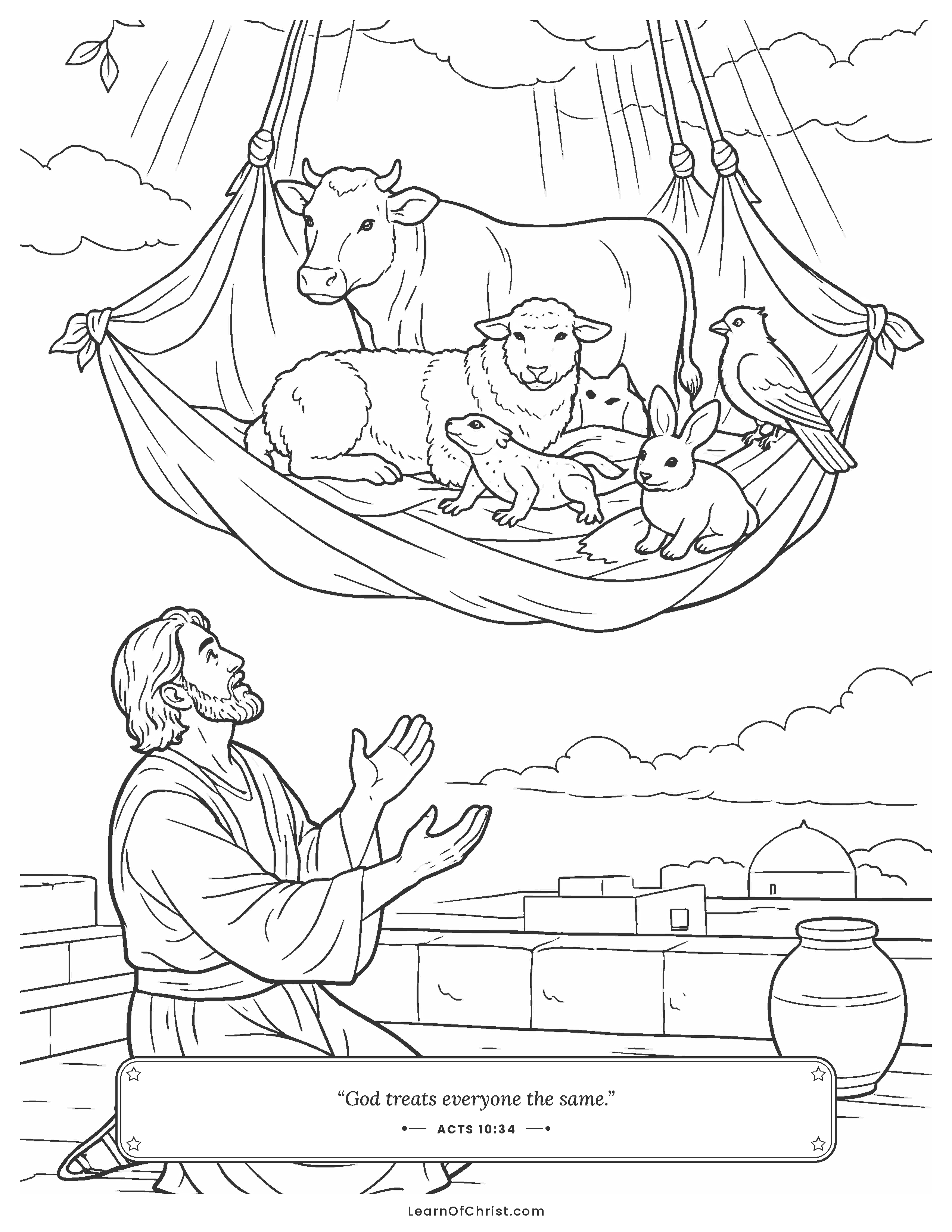 Acts 10 coloring page - Peter's rooftop vision of many animals