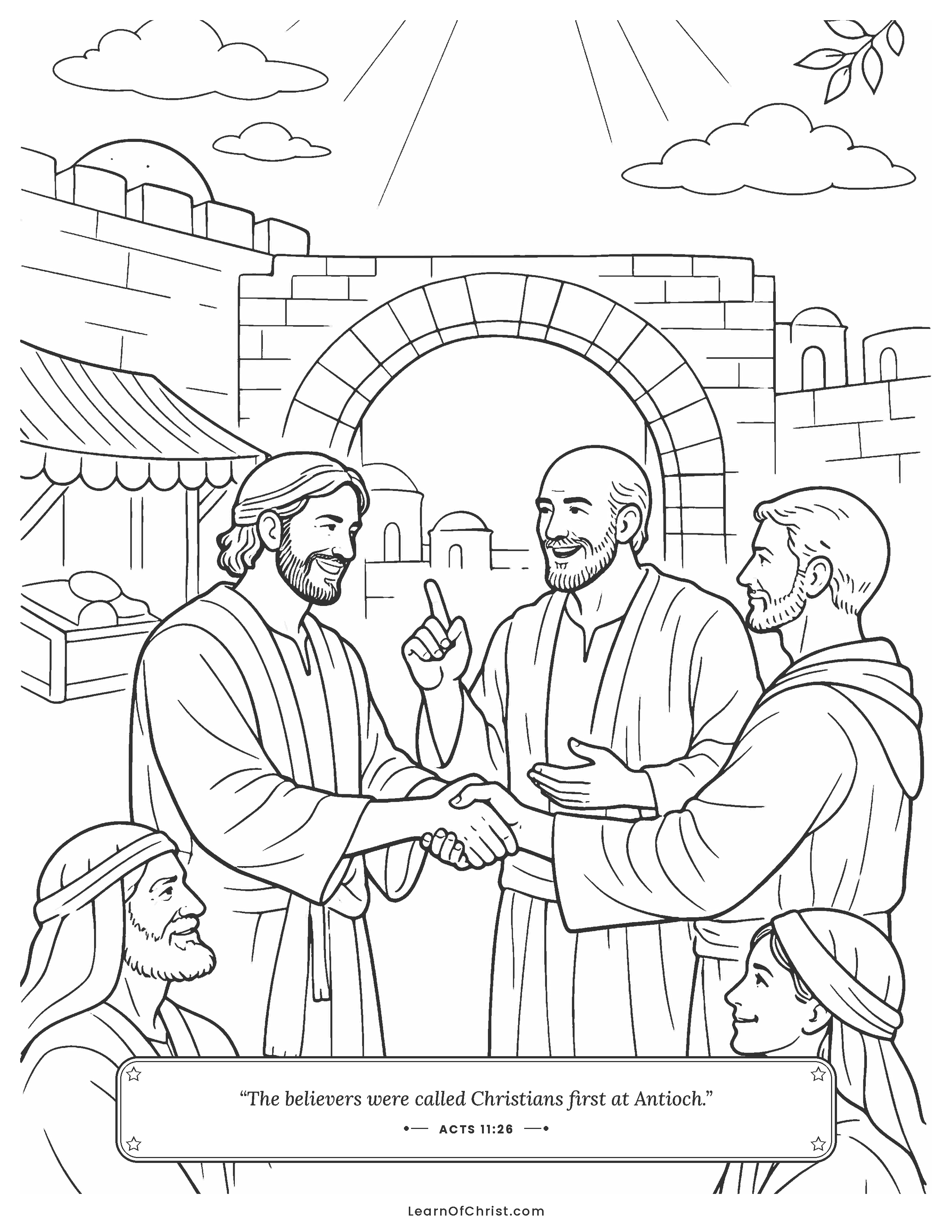 Acts 11 coloring page - Barnabas welcomes new believers in Antioch