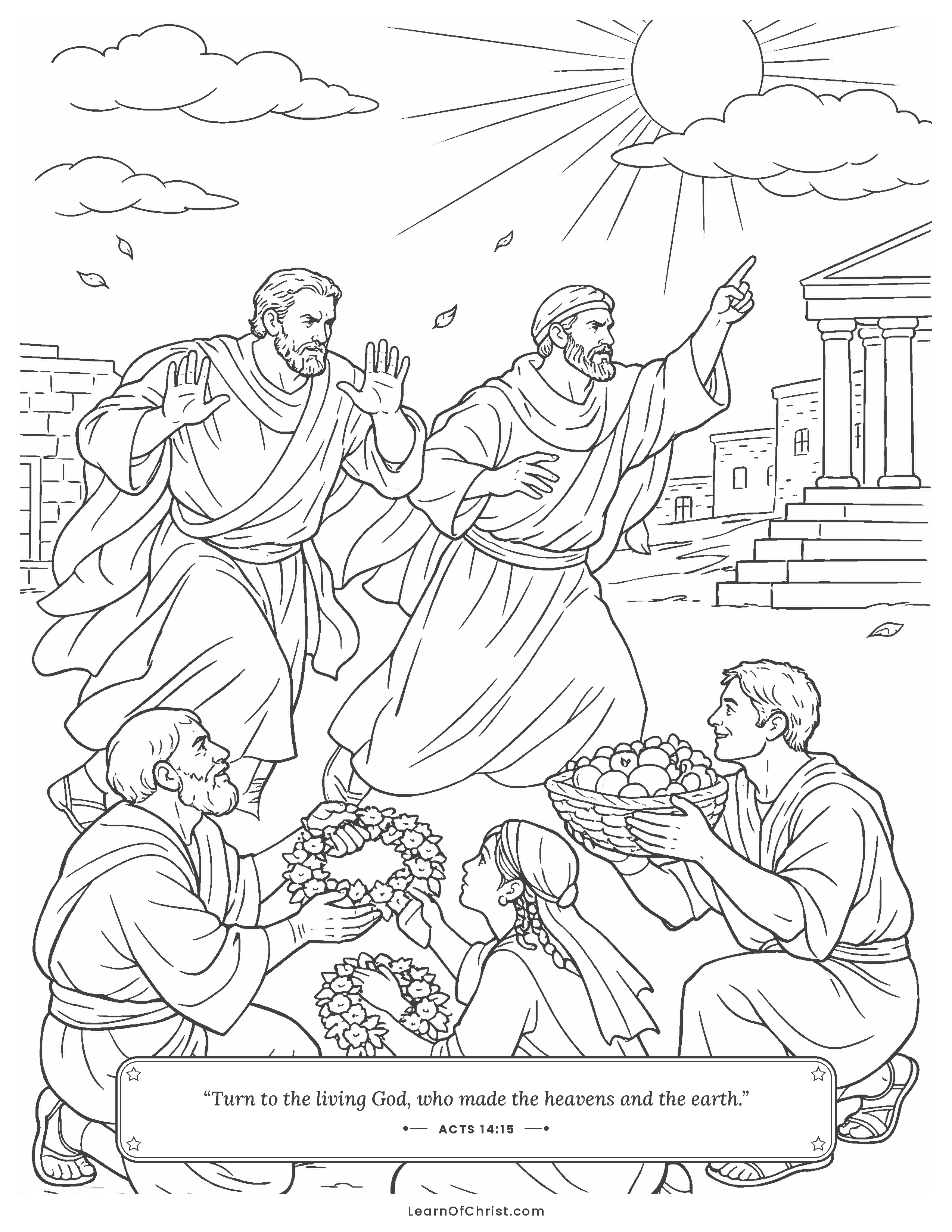Acts 14 coloring page - Paul and Barnabas say do not worship us