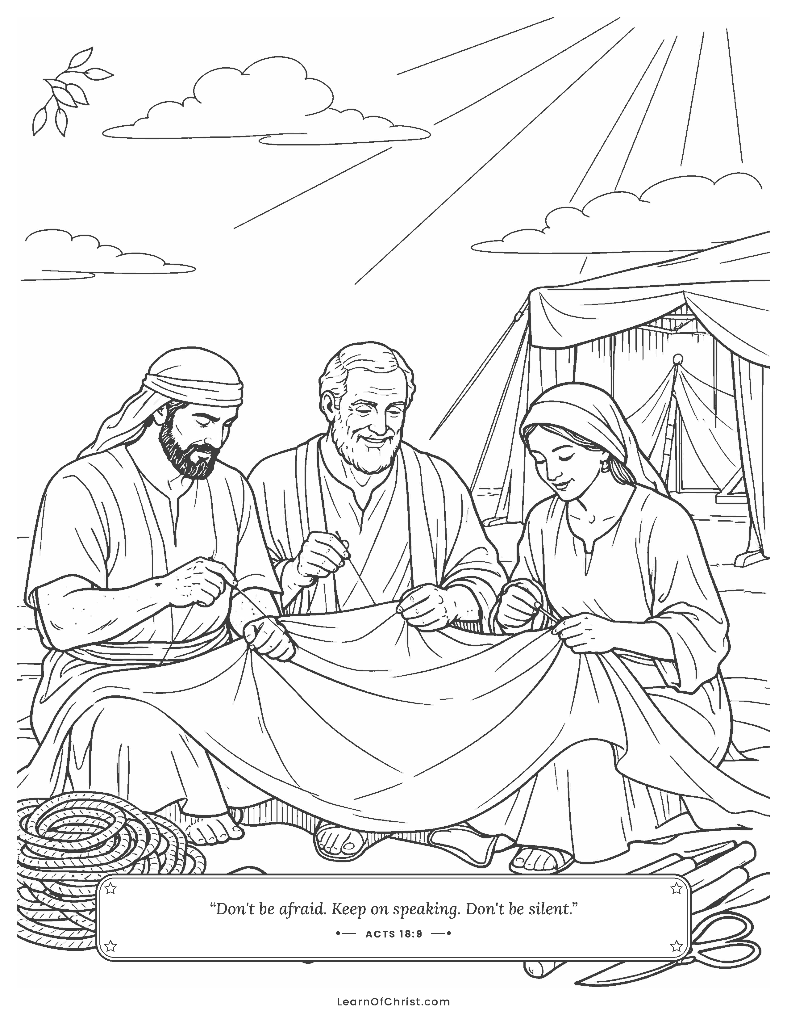 Acts 18 coloring page - Paul makes tents with Priscilla and Aquila