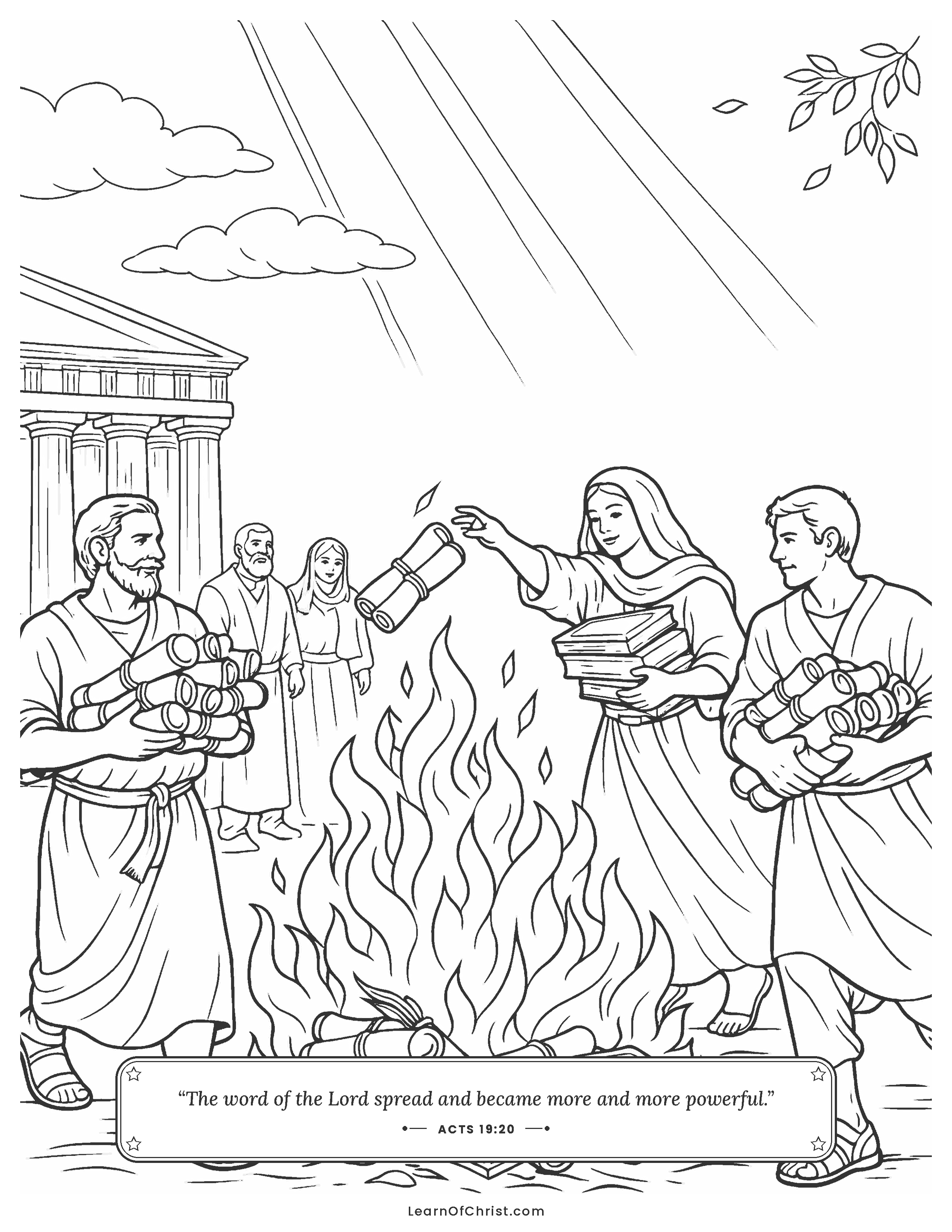 Acts 19 coloring page - Magic scrolls go on the bonfire in Ephesus