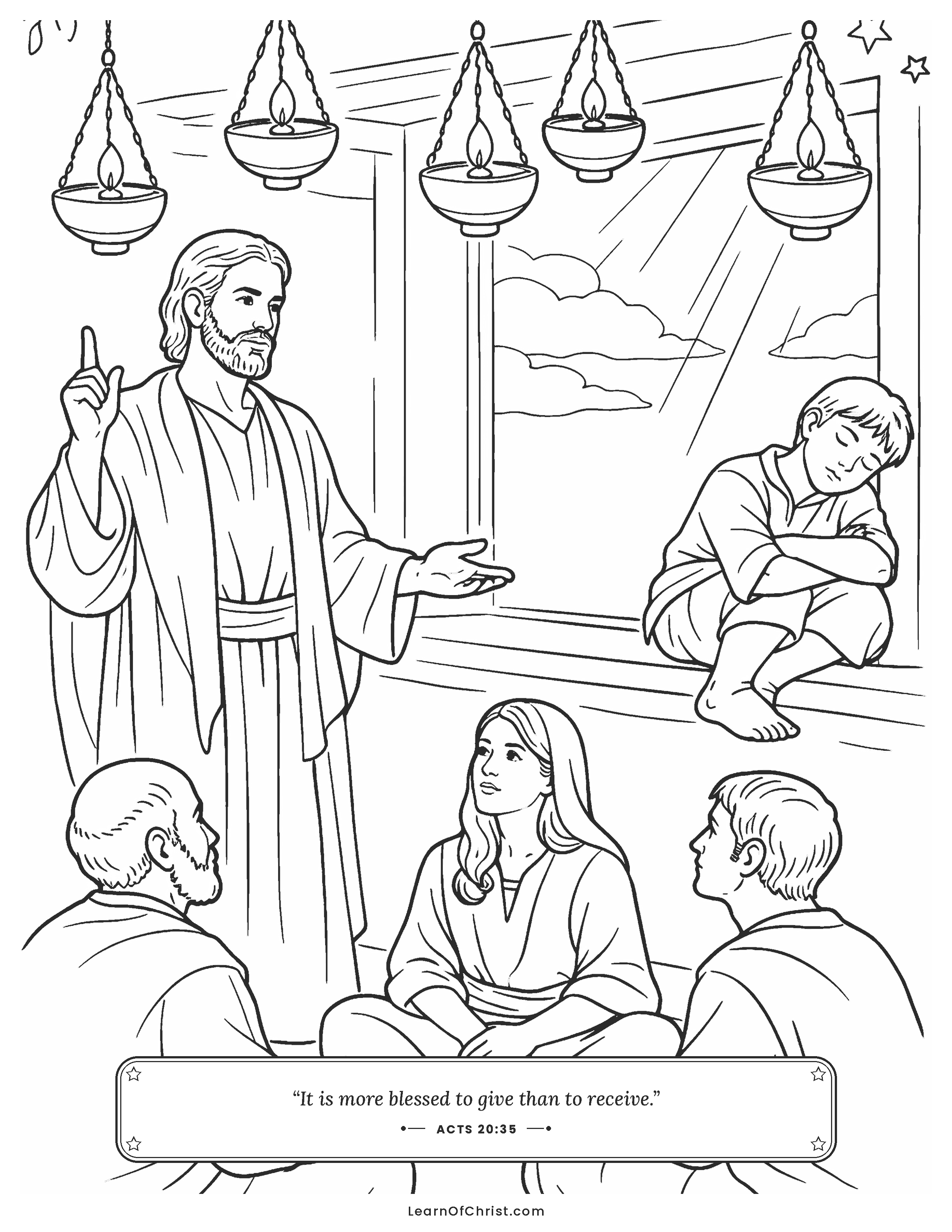 Acts 20 coloring page - Eutychus dozes in the lamp-lit window