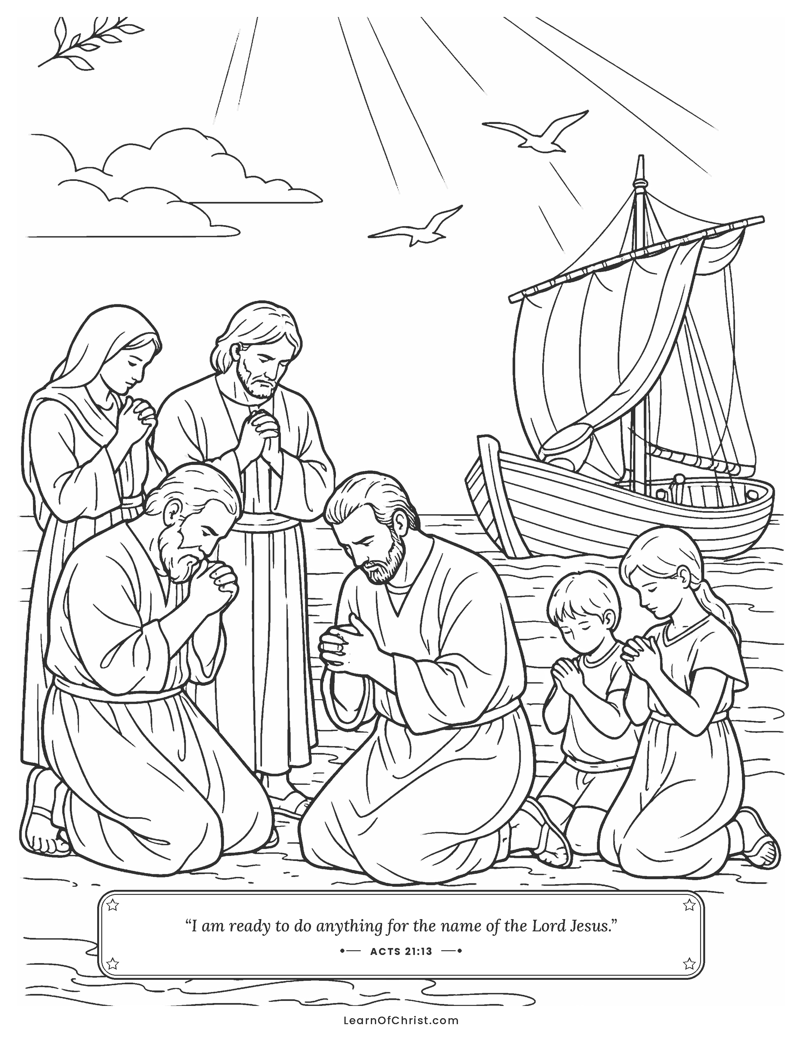 Acts 21 coloring page - Friends kneel on the beach to pray