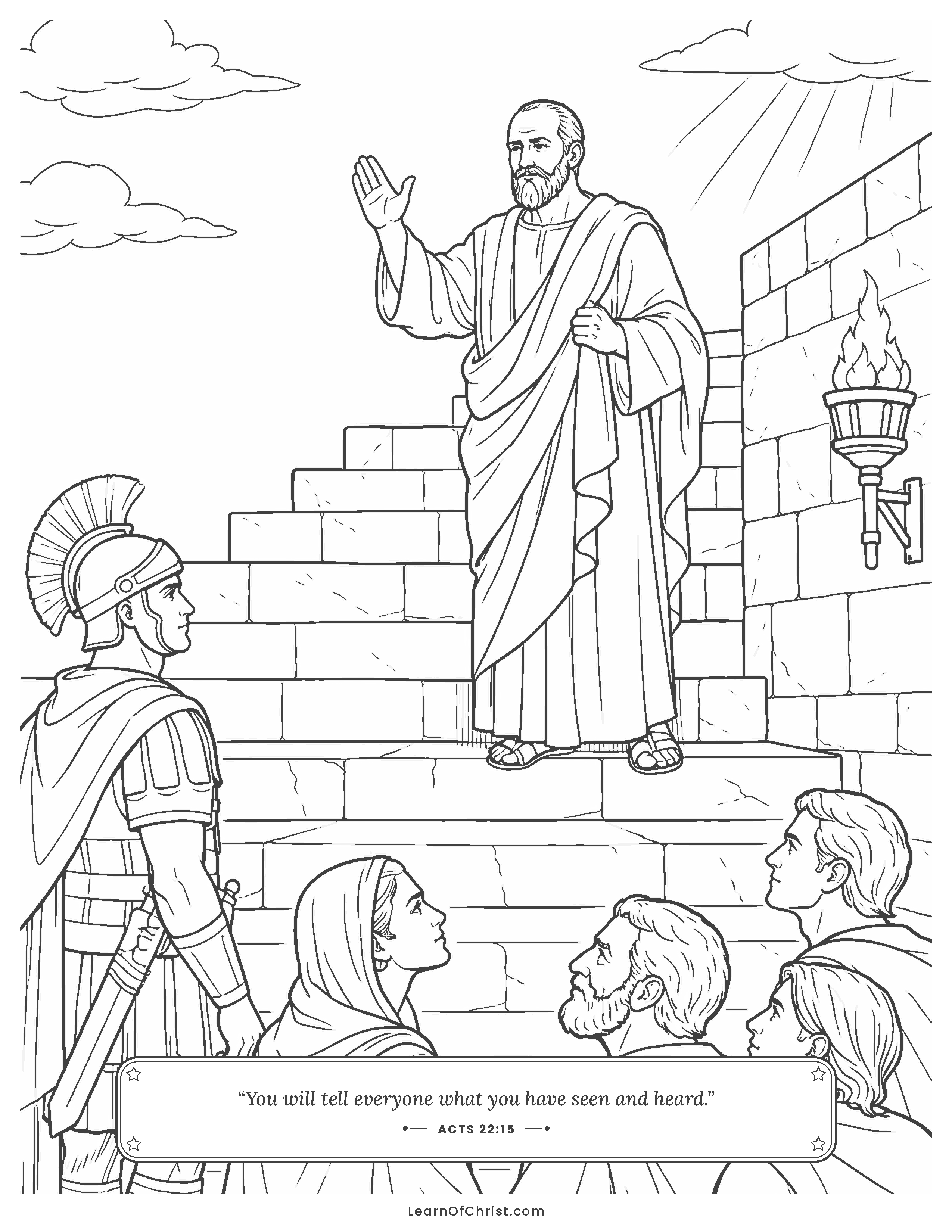 Acts 22 coloring page - Paul tells his story from the fortress steps