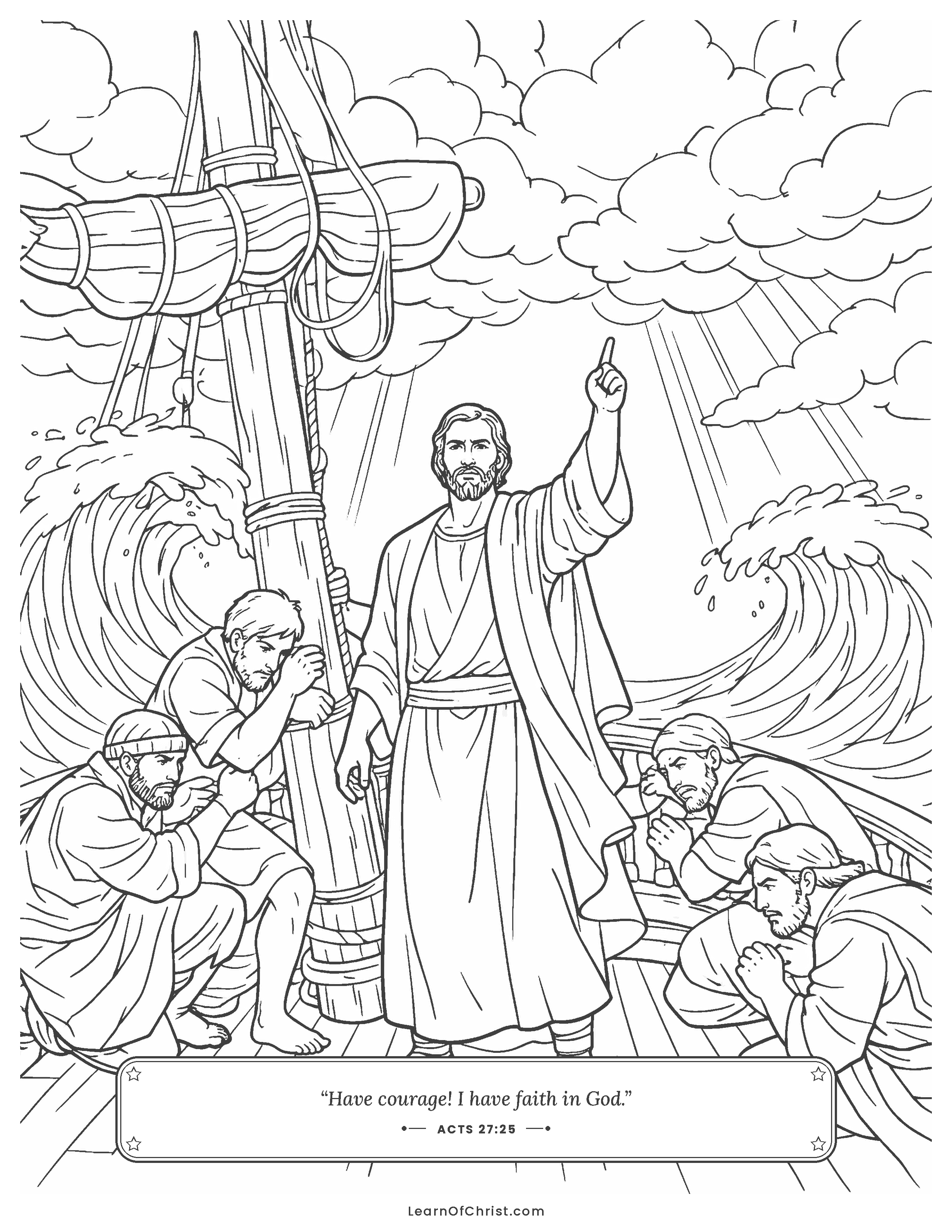 Acts 27 coloring page - Paul brings courage in the storm at sea