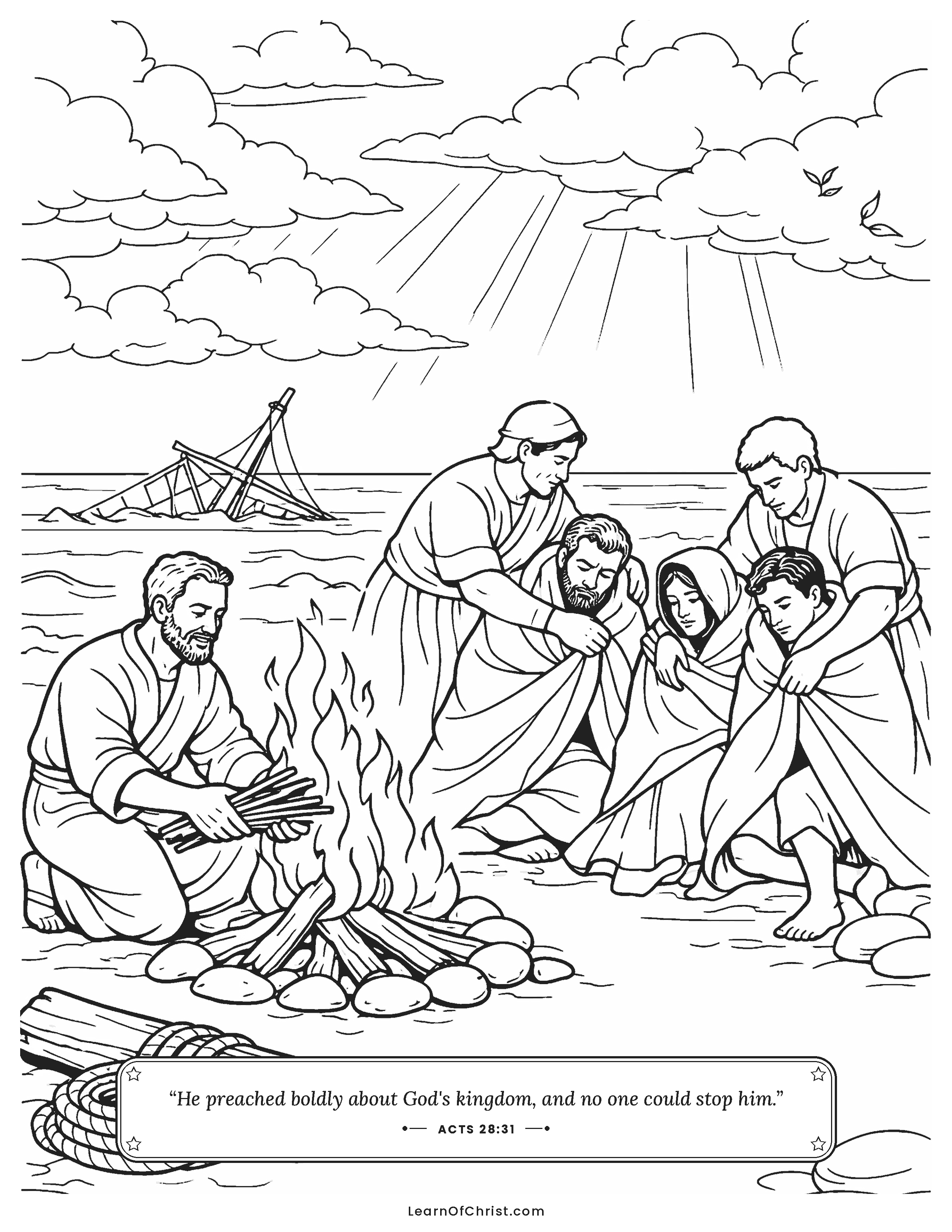 Acts 28 coloring page - A warm fire for shipwrecked friends
