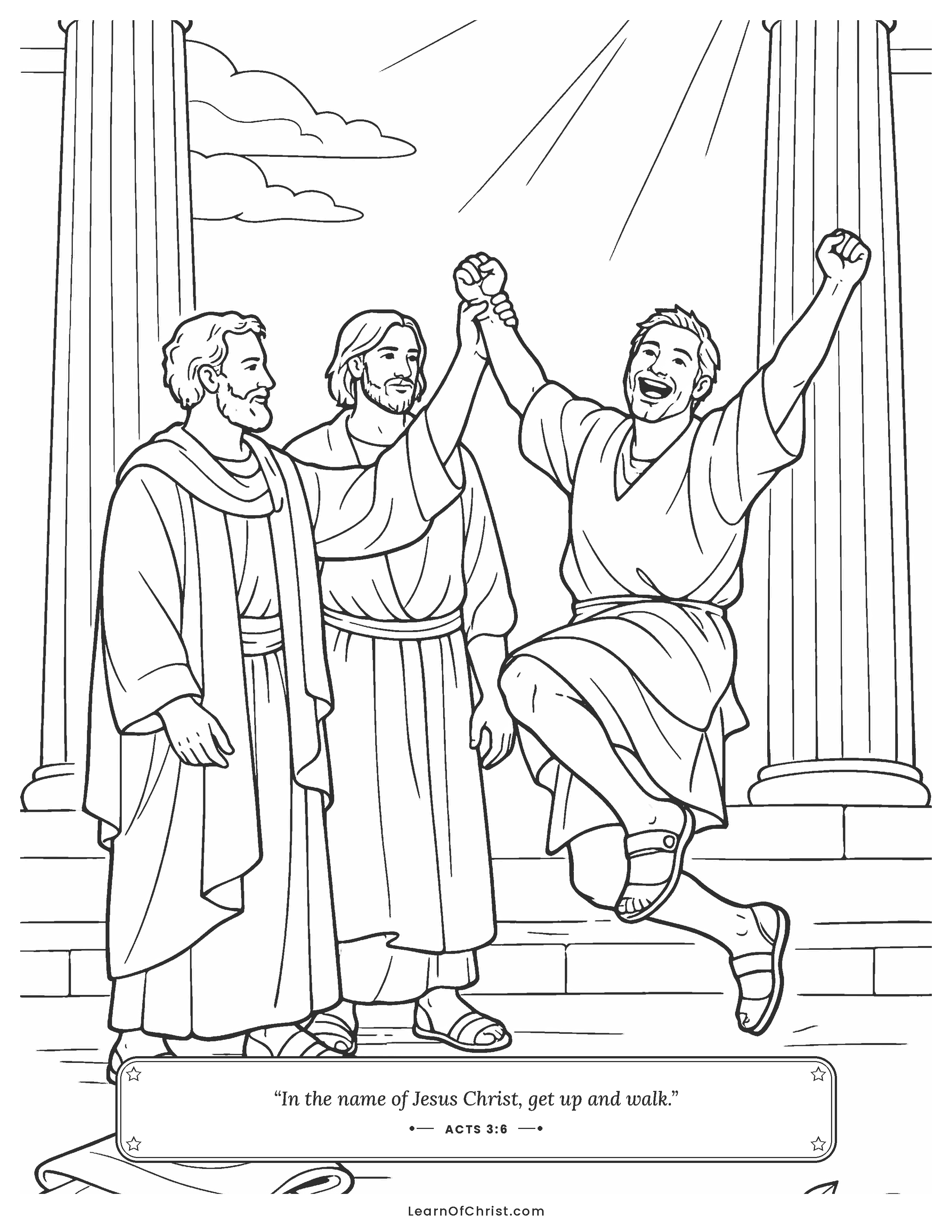 Acts 3 coloring page - Peter helps the beggar leap and dance