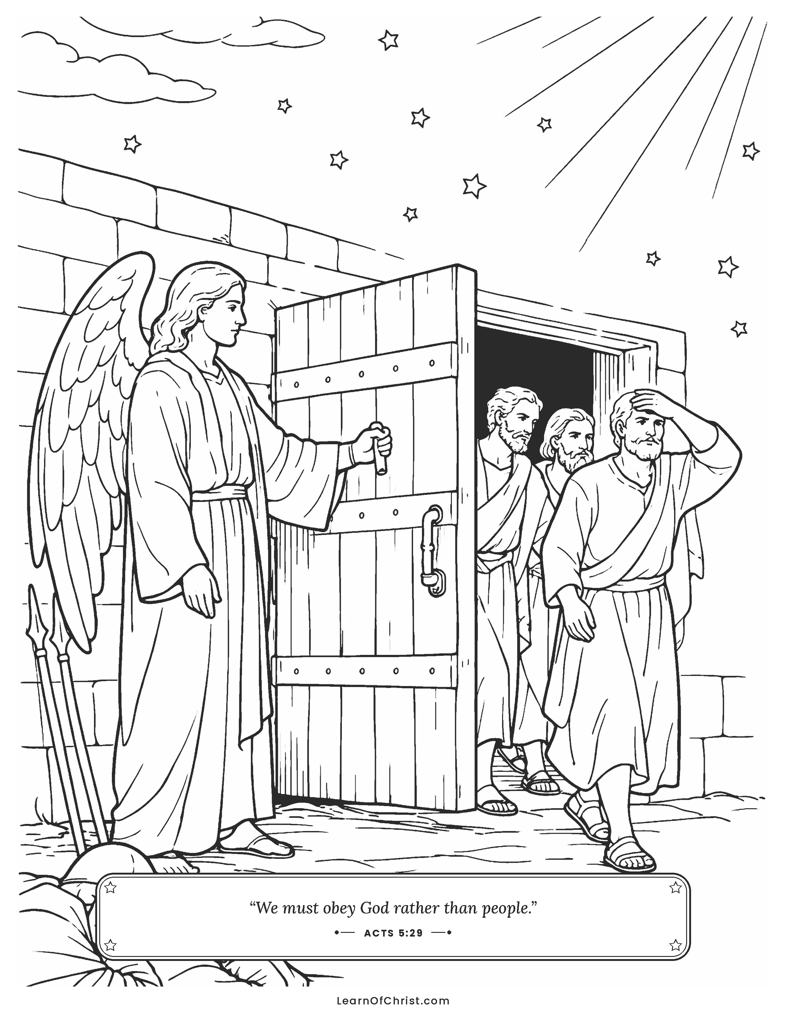 Acts 5 coloring page - An angel opens the prison doors at night