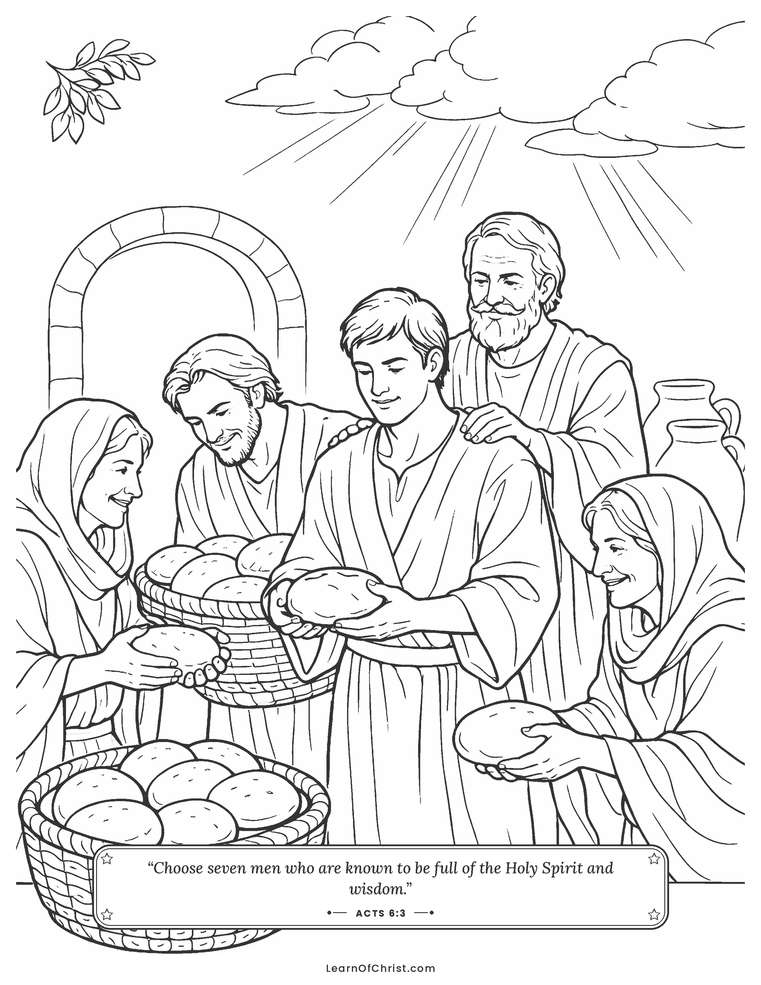 Acts 6 coloring page - Seven helpers hand out baskets of bread