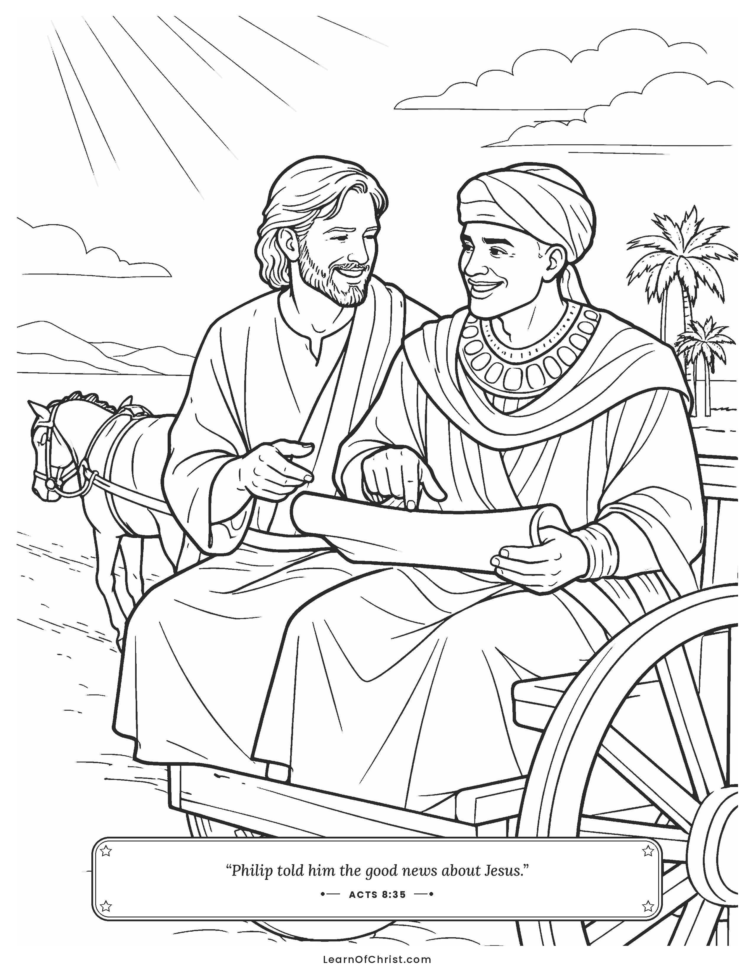 Acts 8 coloring page - Philip rides along and explains