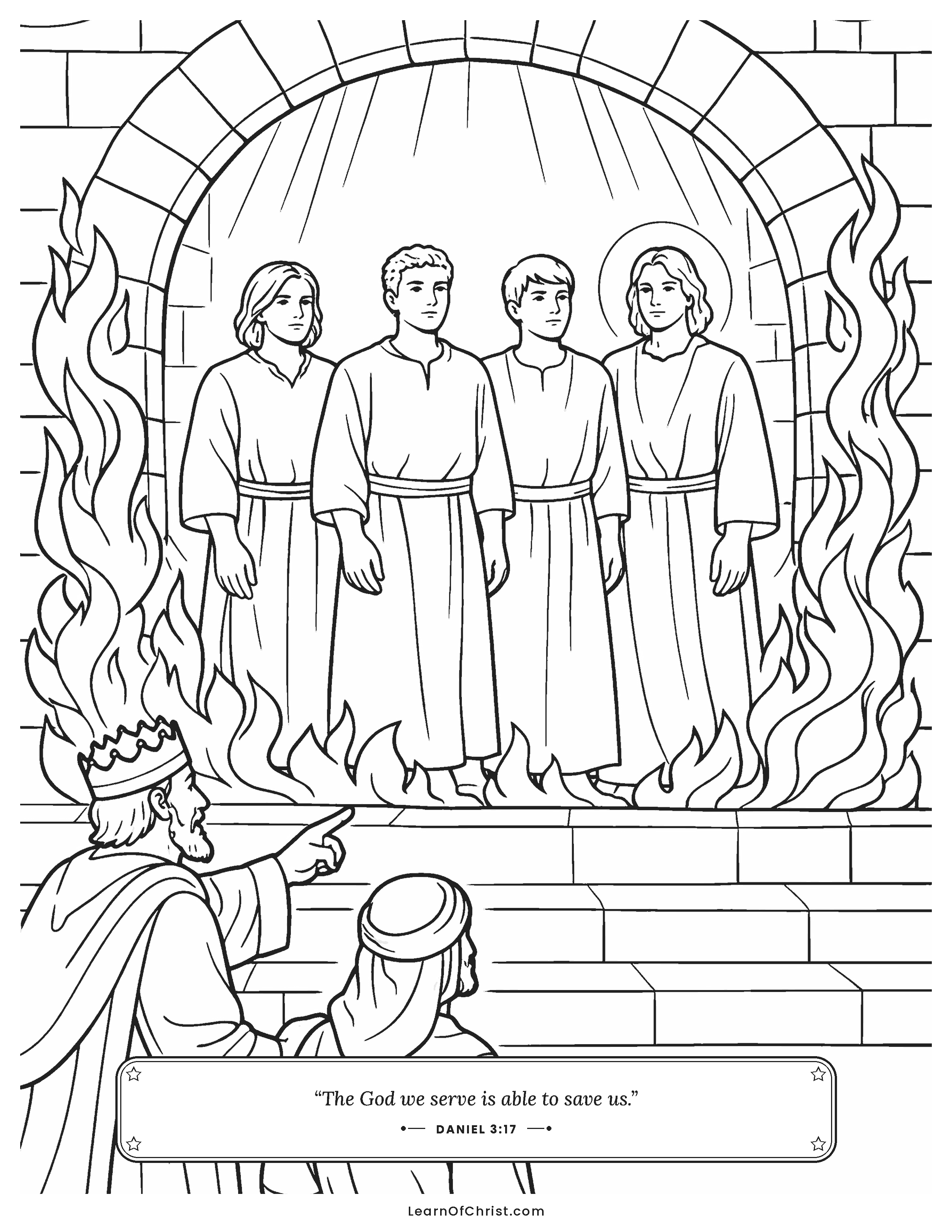 Daniel 3 coloring page - Four figures stand calm in the furnace