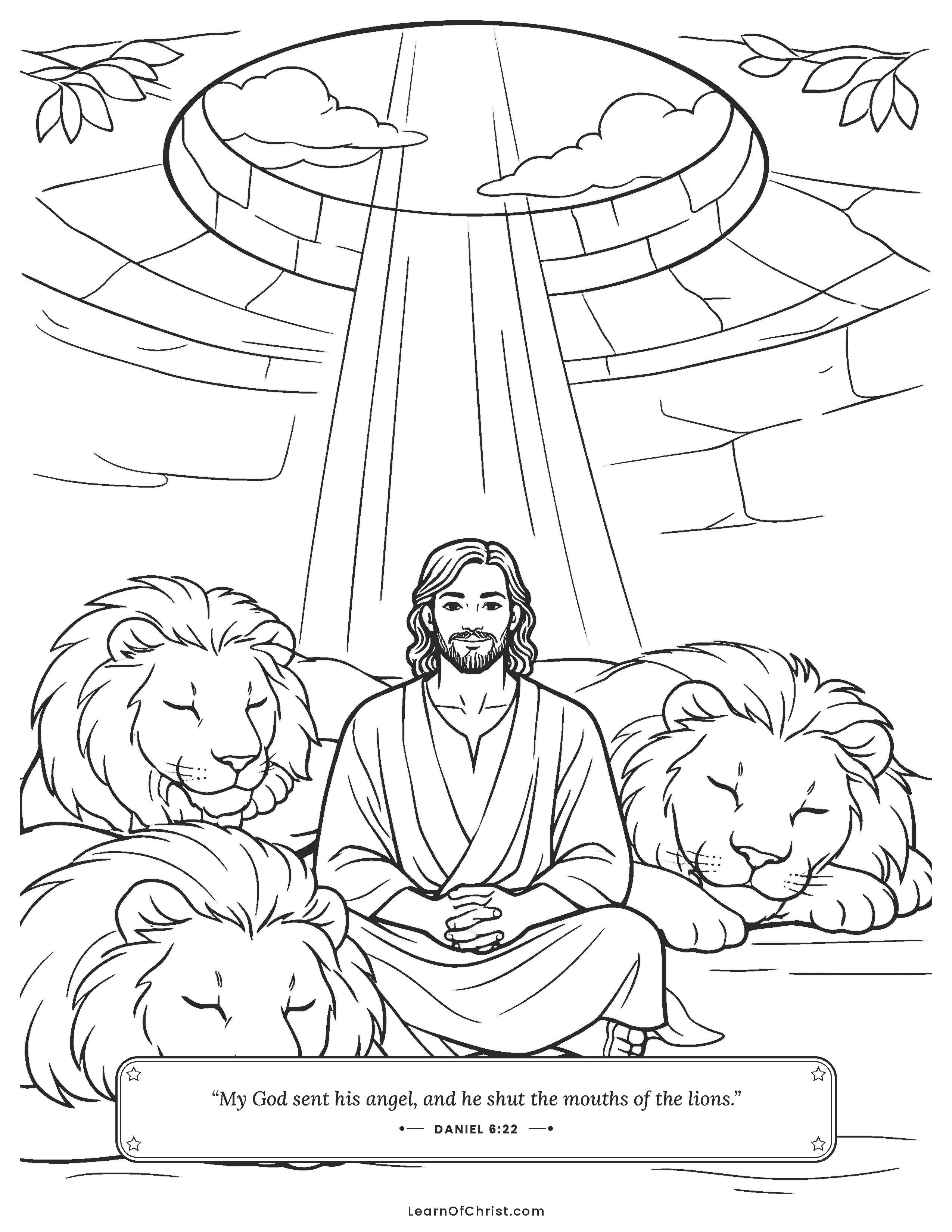 Daniel 6 coloring page - Daniel sits safely among the lions