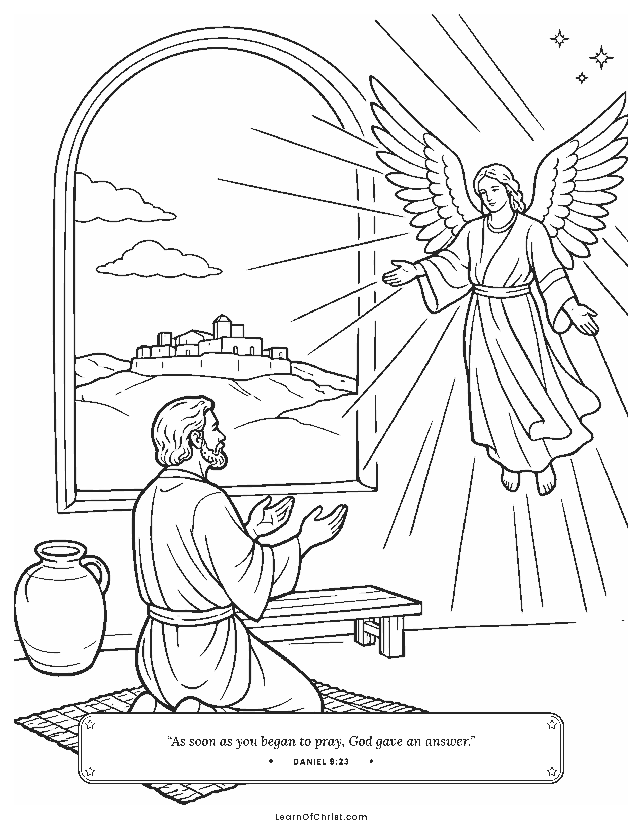 Daniel 9 coloring page - Daniel prays toward the far-off city