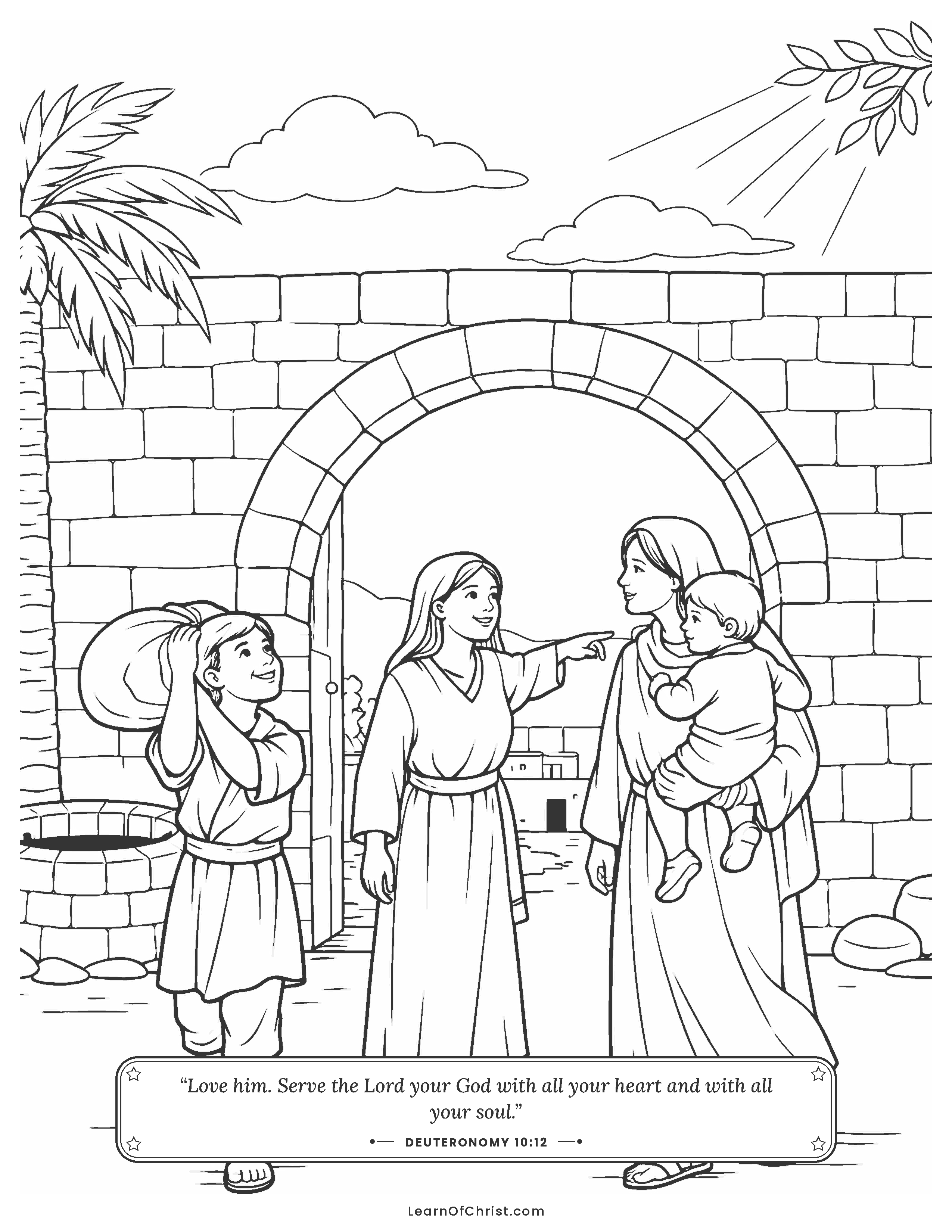 Deuteronomy 10 coloring page - Making a stranger welcome in the village