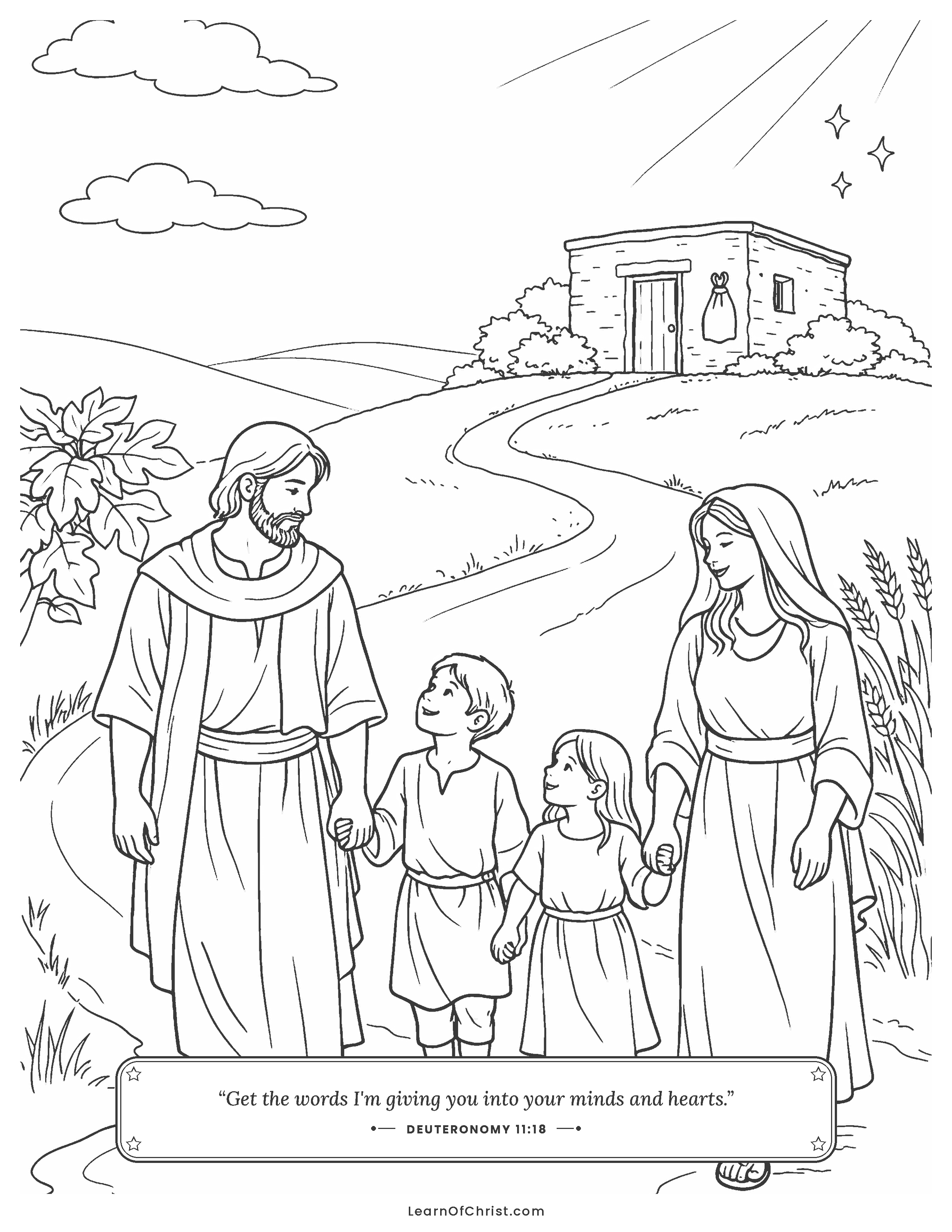 Deuteronomy 11 coloring page - Walking the road, talking about God