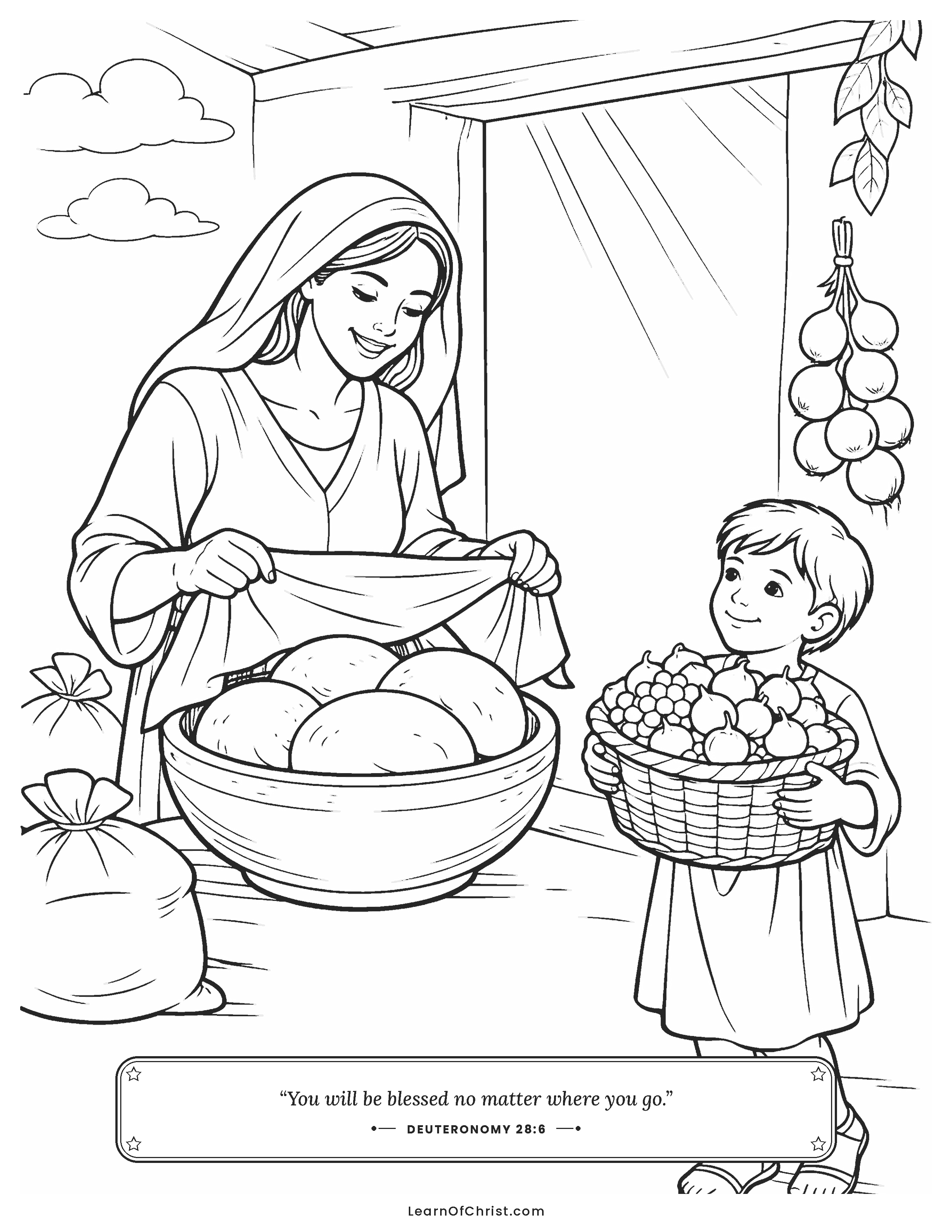 Deuteronomy 28 coloring page - Baskets and bread bowls full