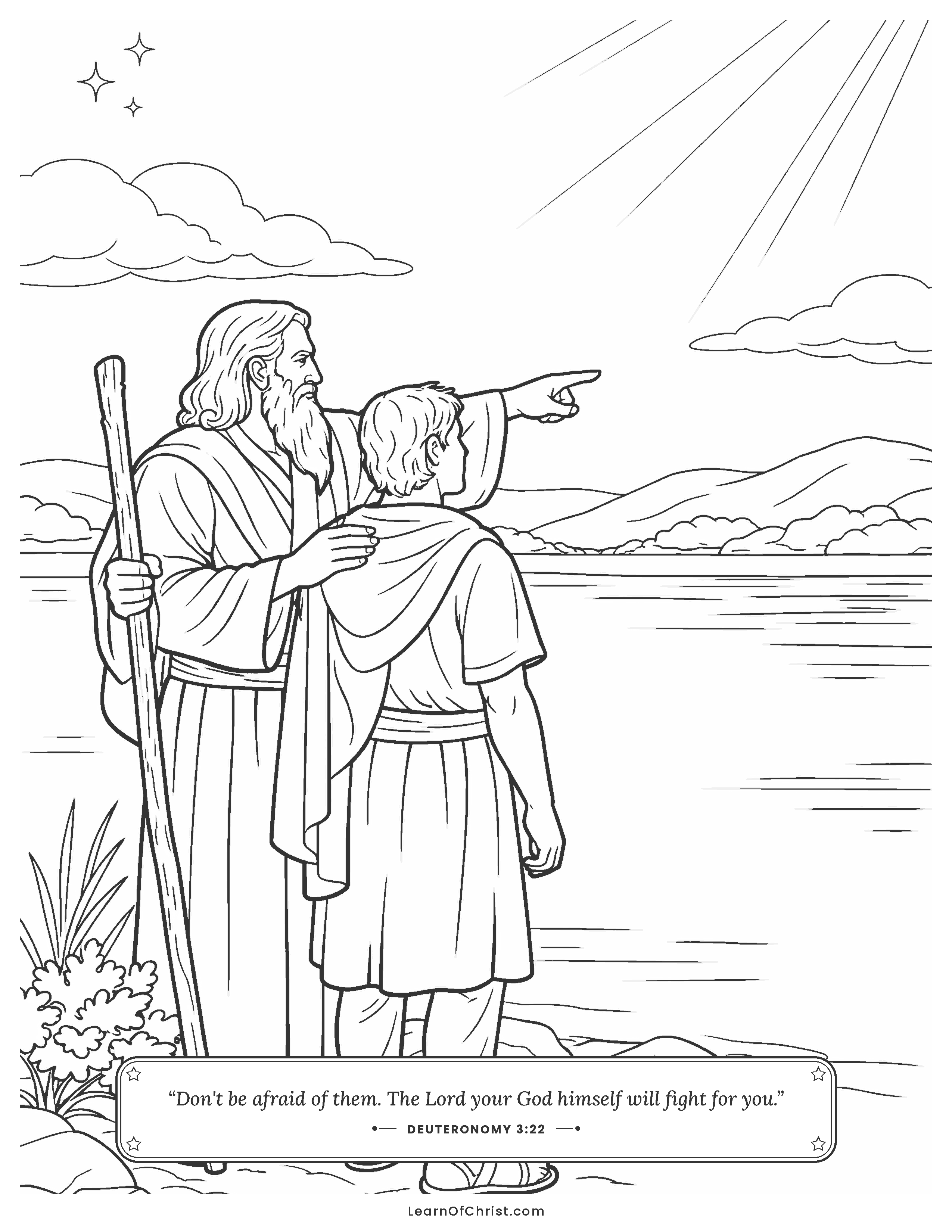 Deuteronomy 3 coloring page - Moses tells Joshua to be strong