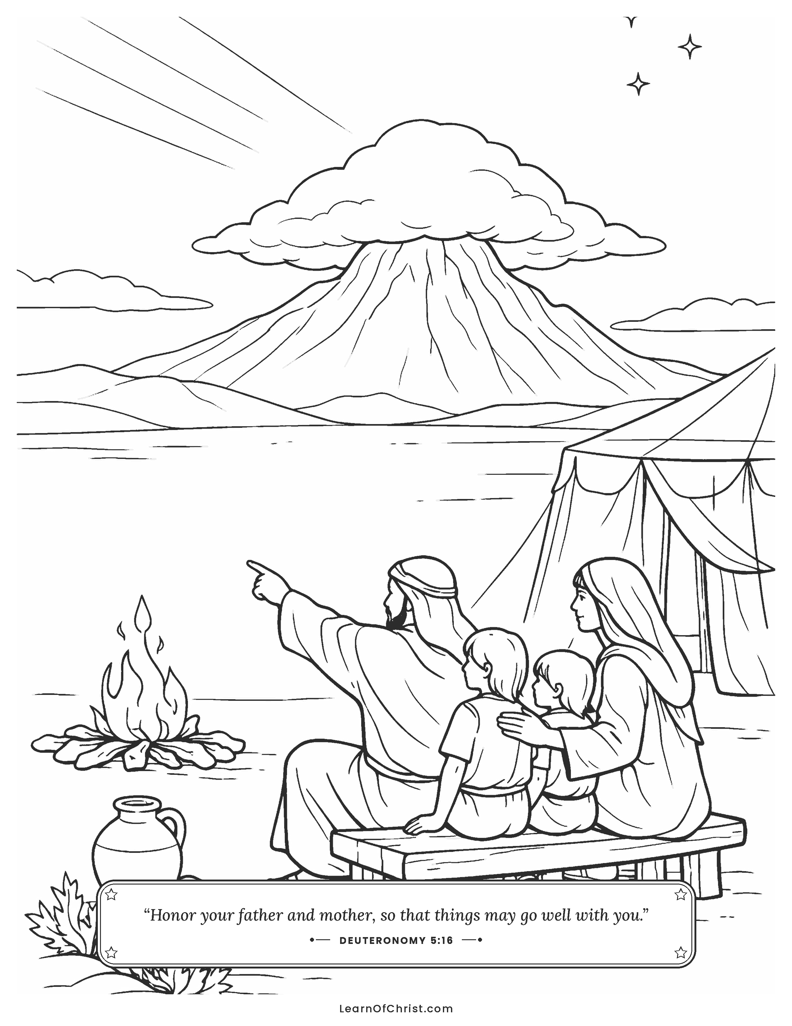 Deuteronomy 5 coloring page - Parents tell the children about the mountain